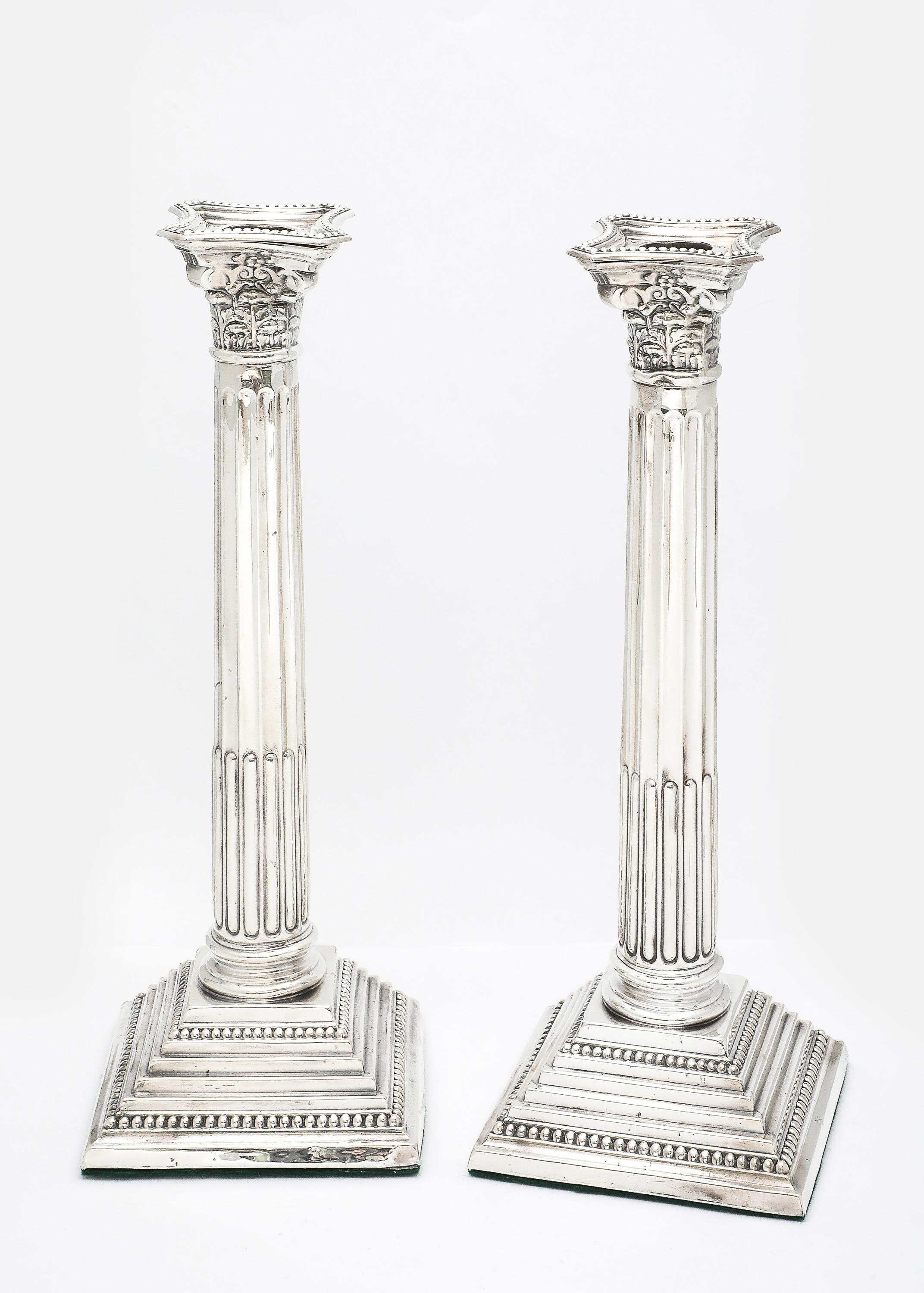 Tall Pair of Sterling Silver Neoclassical-Style Corinthian Column Candlesticks In Good Condition For Sale In New York, NY