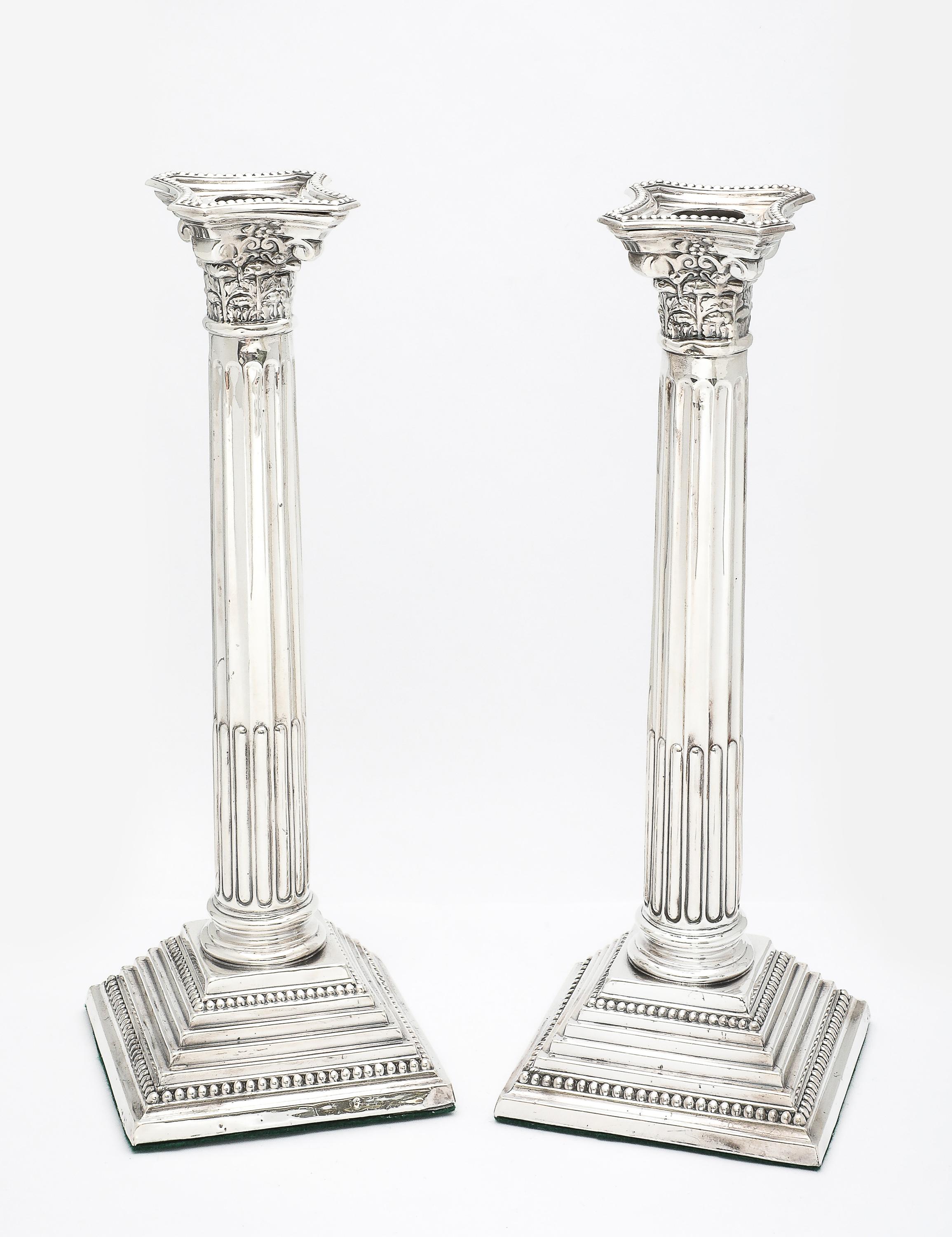 Mid-20th Century Tall Pair of Sterling Silver Neoclassical-Style Corinthian Column Candlesticks For Sale