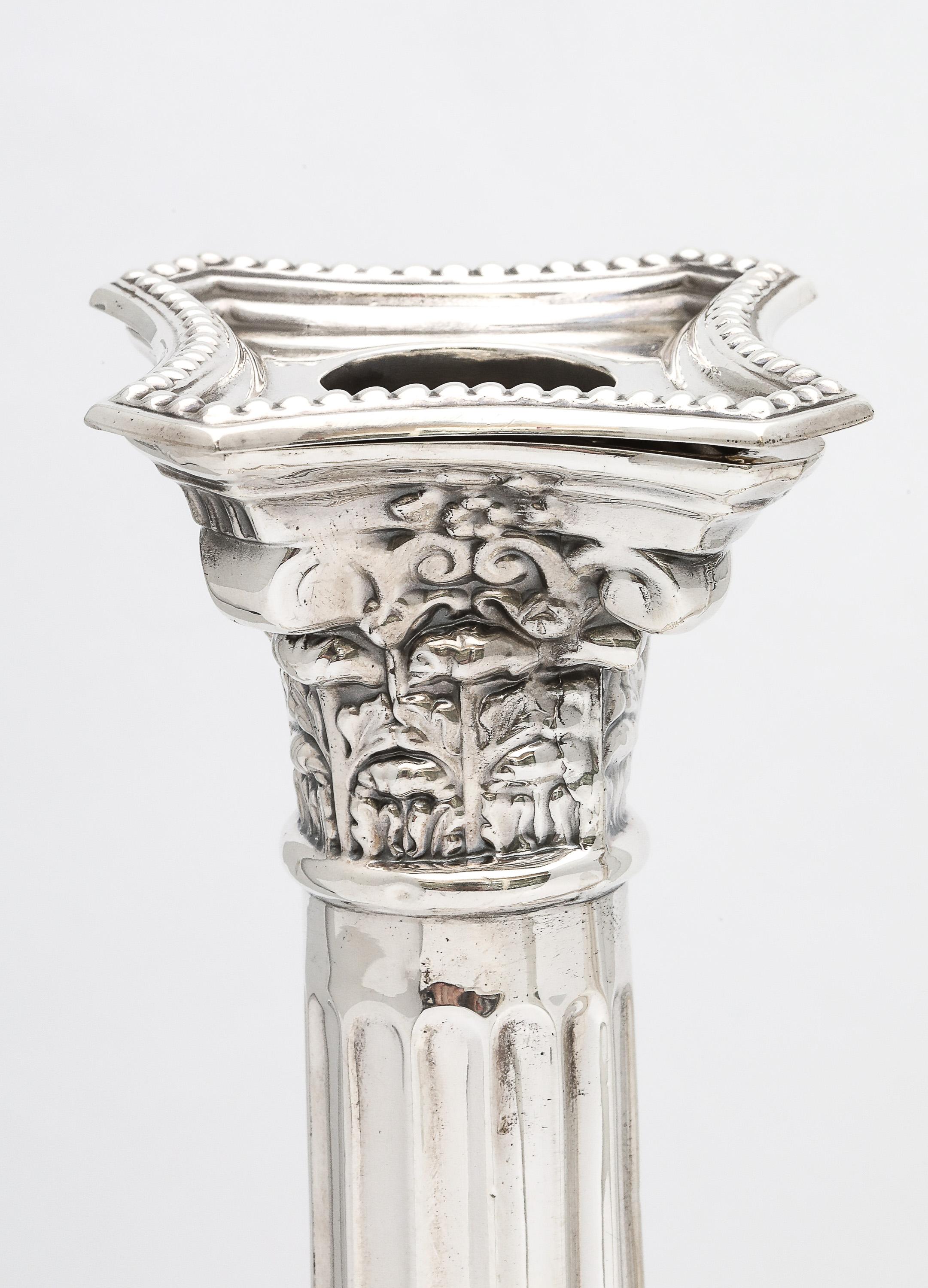 Tall Pair of Sterling Silver Neoclassical-Style Corinthian Column Candlesticks For Sale 1