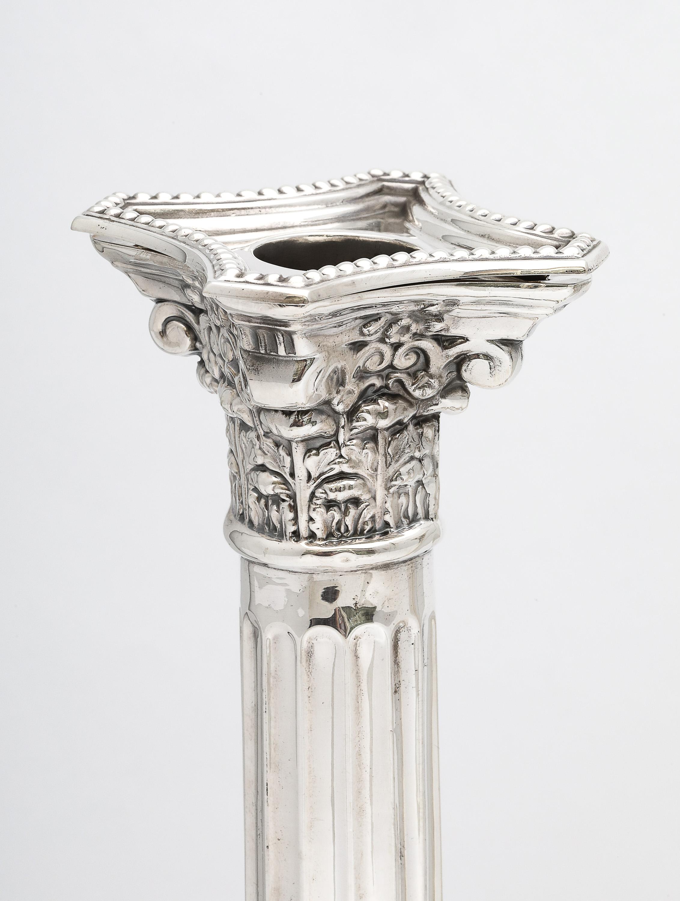Tall Pair of Sterling Silver Neoclassical-Style Corinthian Column Candlesticks For Sale 2