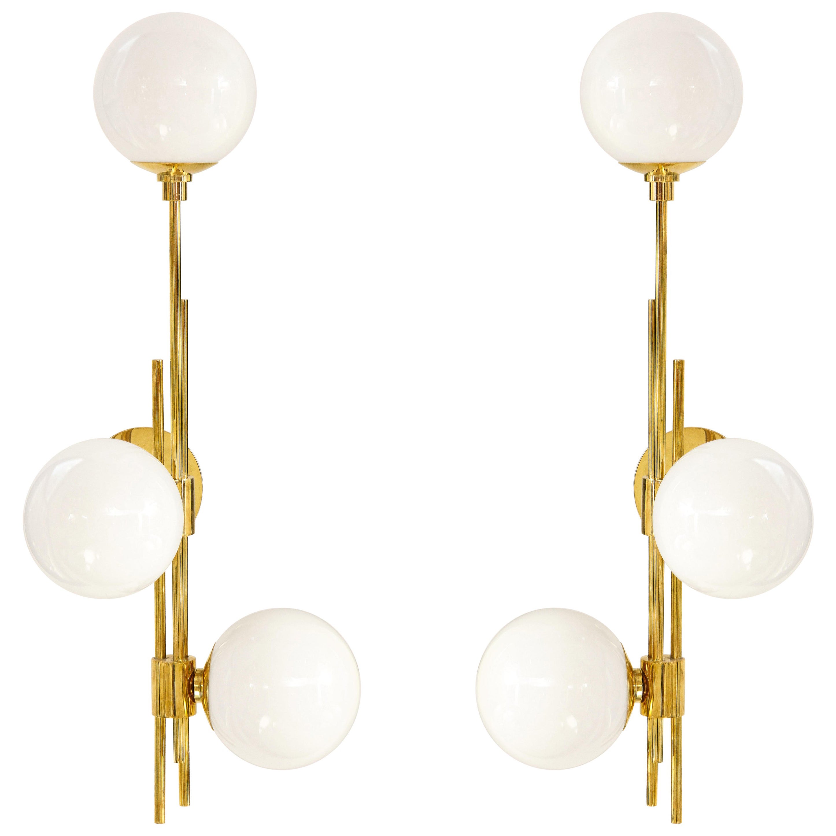 Tall Pair of Translucent White Murano Glass Globes and Brass Sconces, Italy 2022