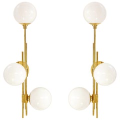 Tall Pair of Translucent White Murano Glass Globes and Brass Sconces, Italy 2022