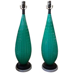 Tall Pair Of Turquoise Murano Glass Lamps