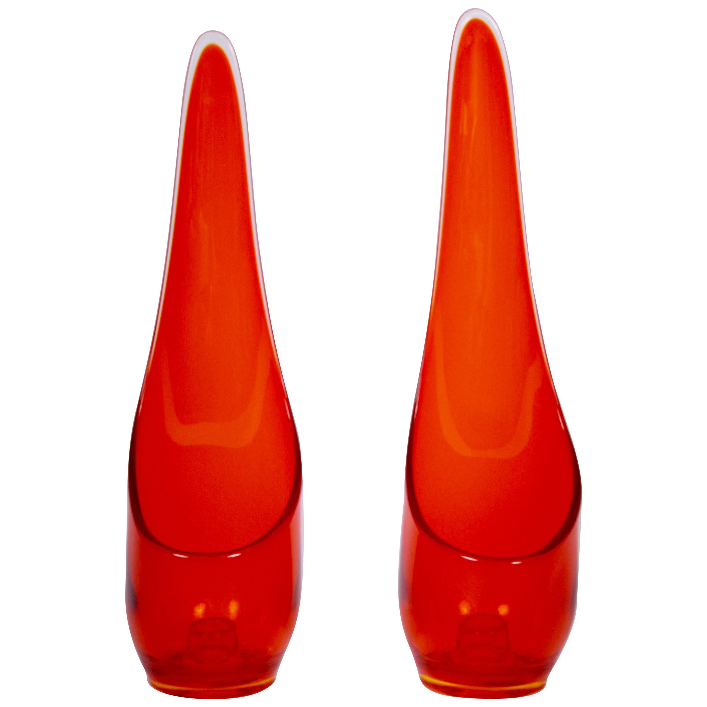 Tall Pair of Viking Epic "Taperglow" Tangerine Art Glass Candle Sticks For Sale