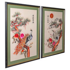 Tall Pair of Vintage Bird Embroideries, Oriental, Framed, Wildlife Art, C.1980