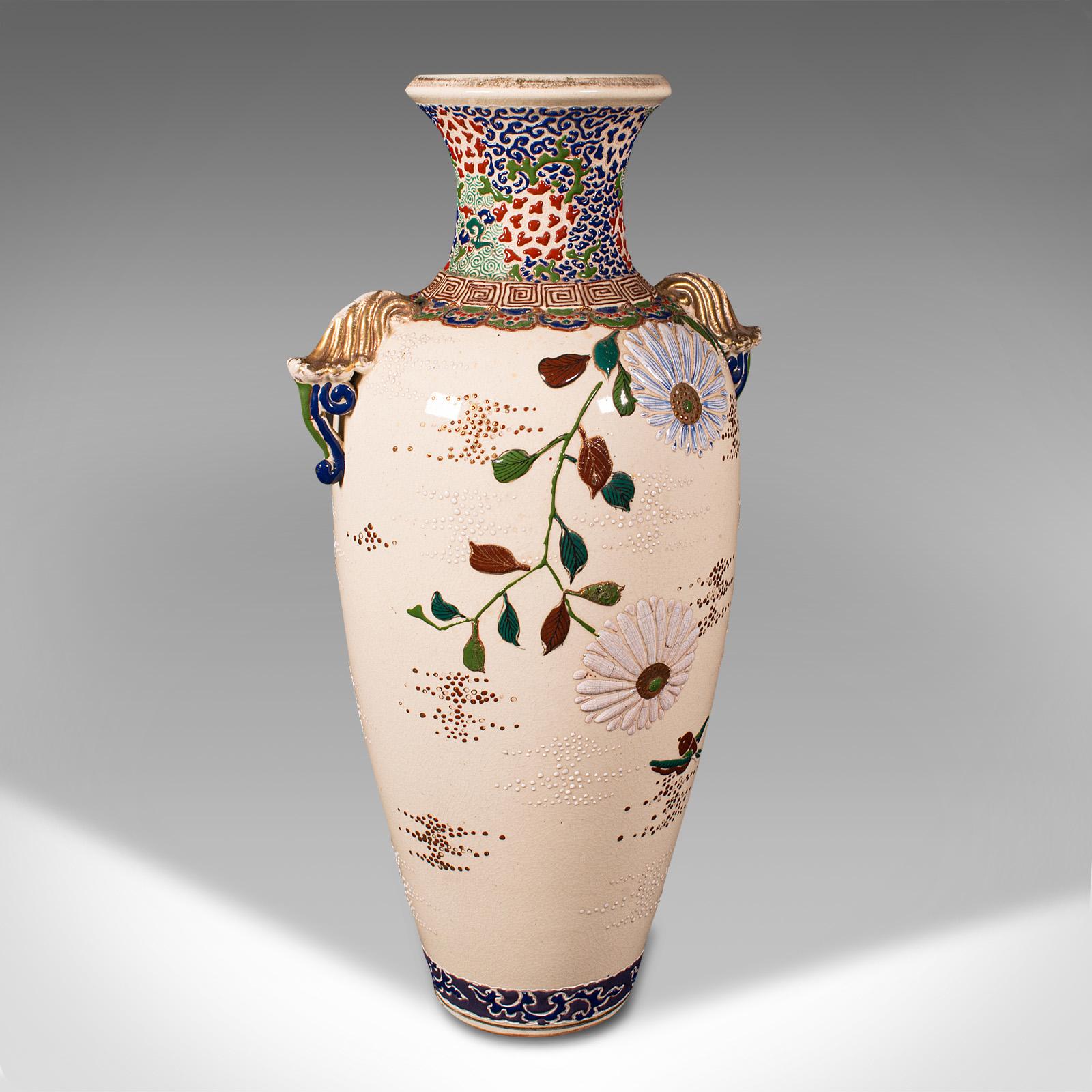 20th Century Tall Pair Of Vintage Satsuma Vases, Japanese, Ceramic, Flower, Oriental Art Deco For Sale