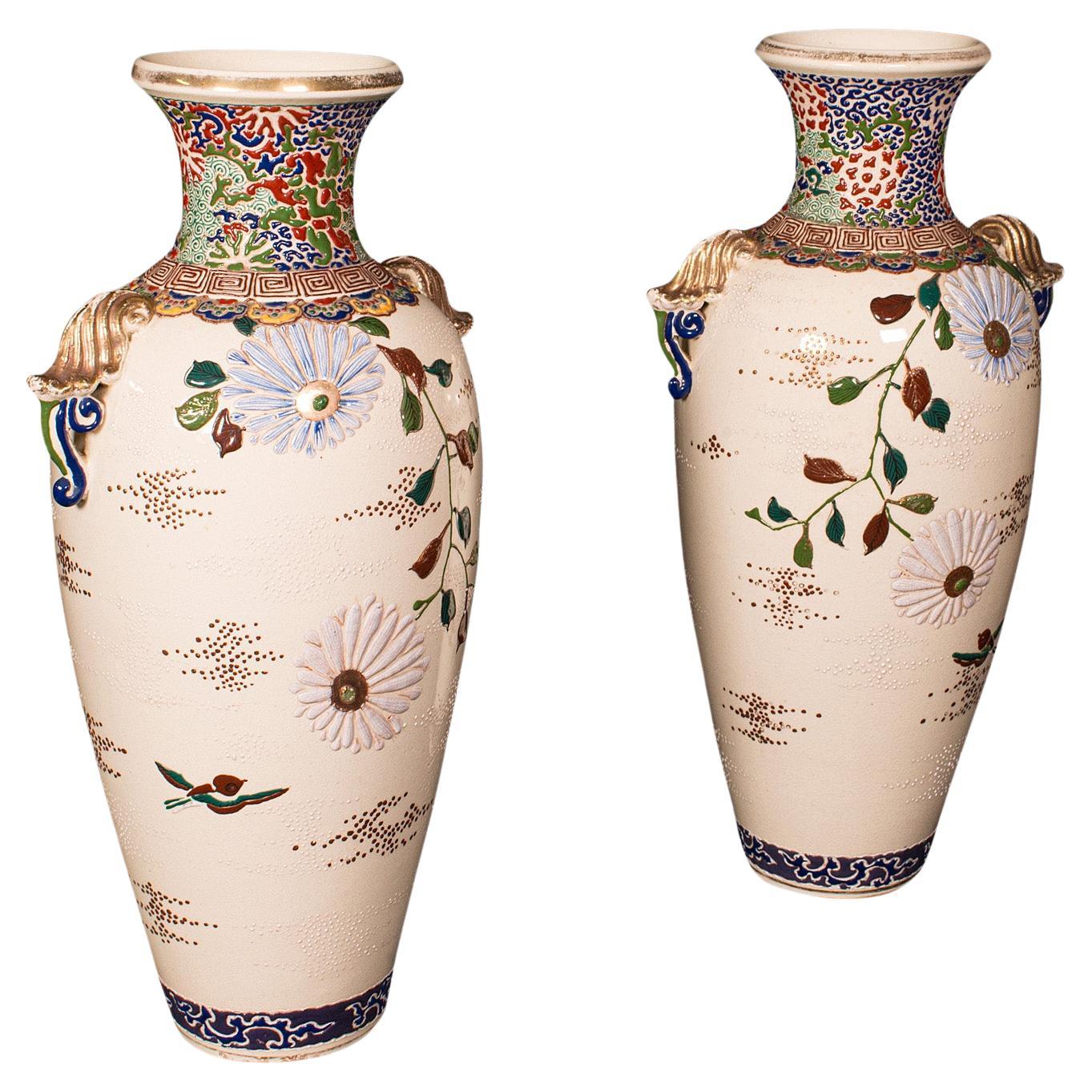 Tall Pair Of Vintage Satsuma Vases, Japanese, Ceramic, Flower, Oriental Art Deco For Sale
