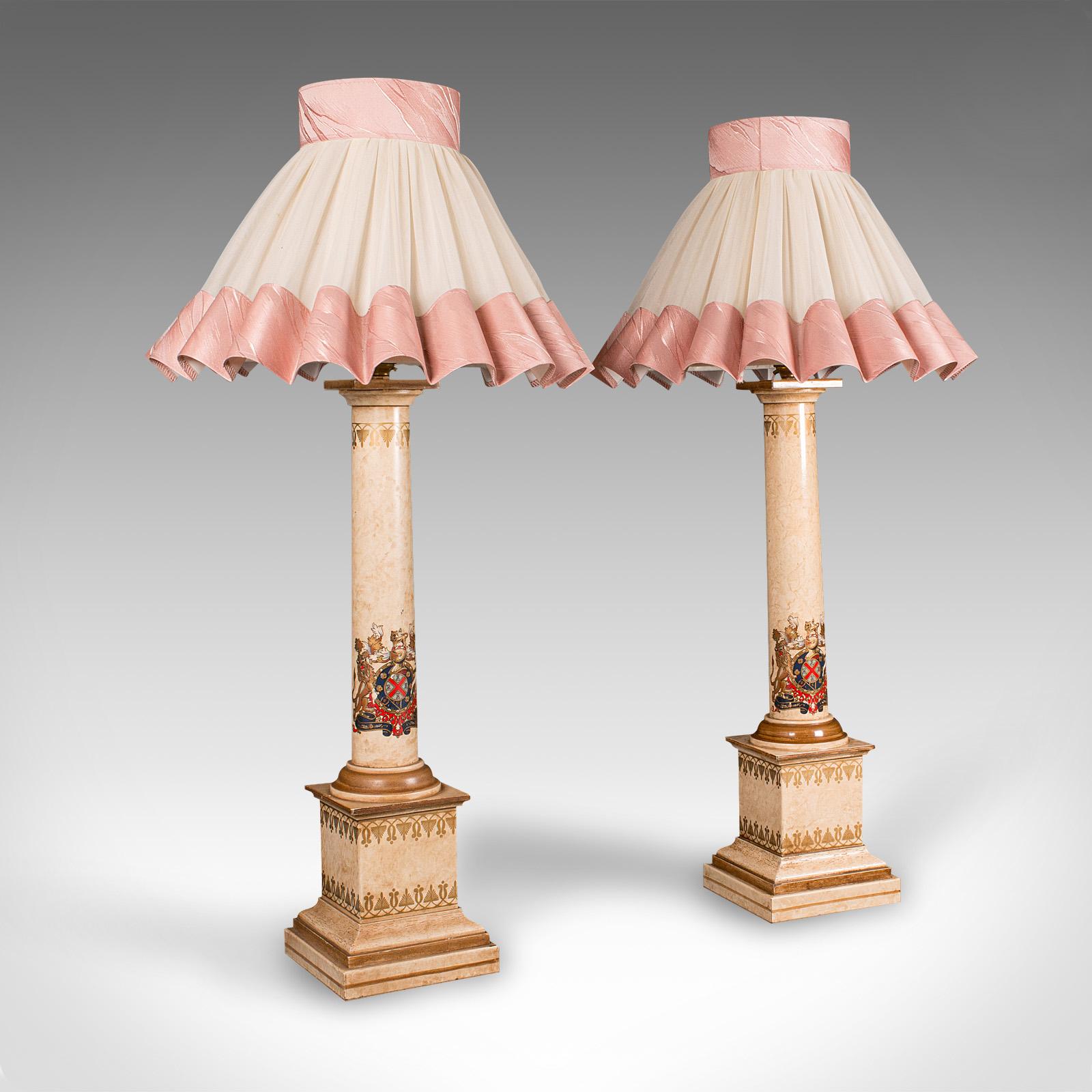 
This is a tall pair of vintage table lamps. An English, painted cast metal decorative light, dating to the mid 20th century, circa 1960.

Appealing colour and shades to this charming vintage pair
Displaying a desirable aged patina and in good