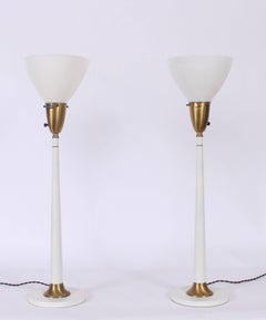 Tall Pair Rembrandt Lamp Co. White Candlestick Lamps with Glass Shades, 1950s