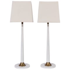 Tall Pair Rembrandt Lamp Co. White Candlestick Lamps with Glass Shades, 1950s