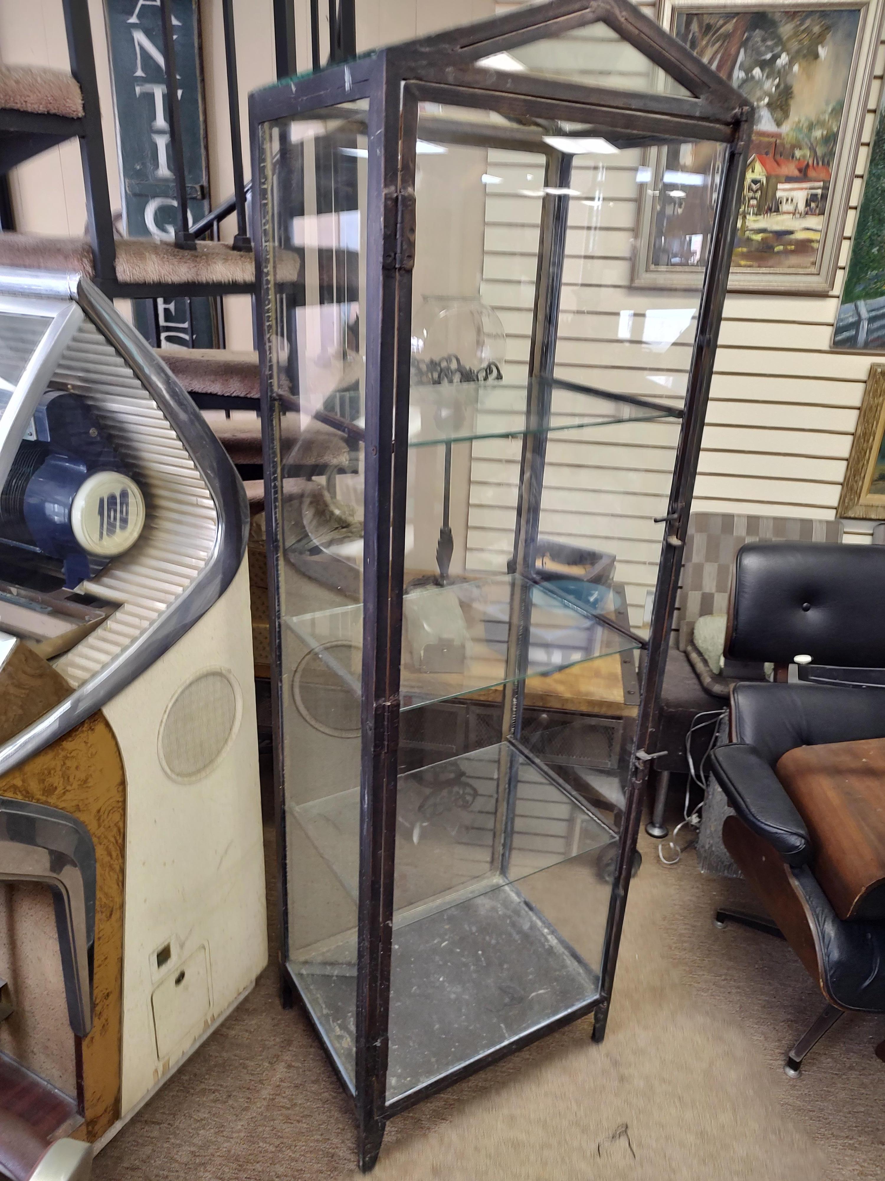 Tall Peaked Top Glass & Iron Vitrine Dry Bar Industrial Cabinet 7