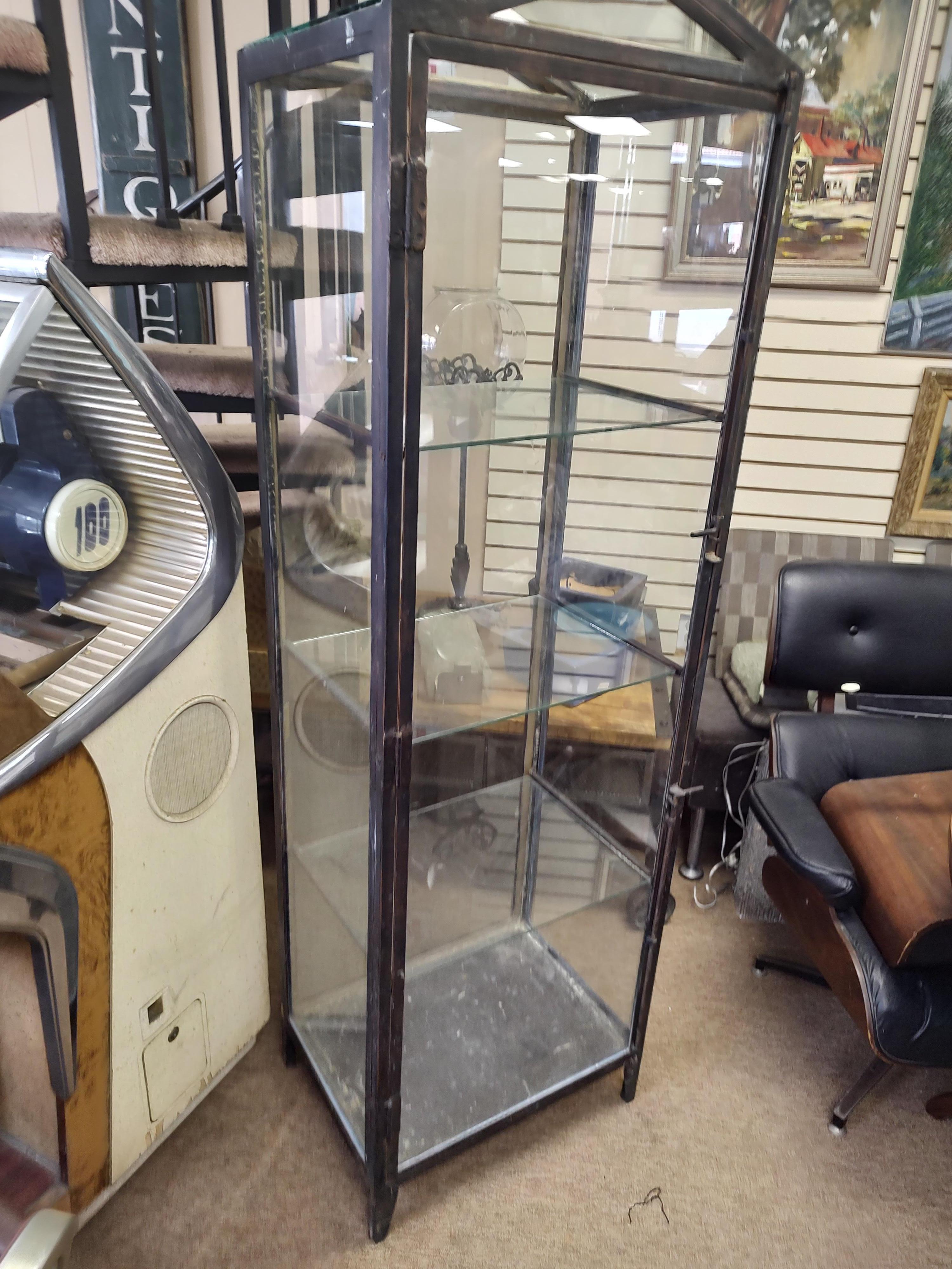 Tall Peaked Top Glass & Iron Vitrine Dry Bar Industrial Cabinet 8