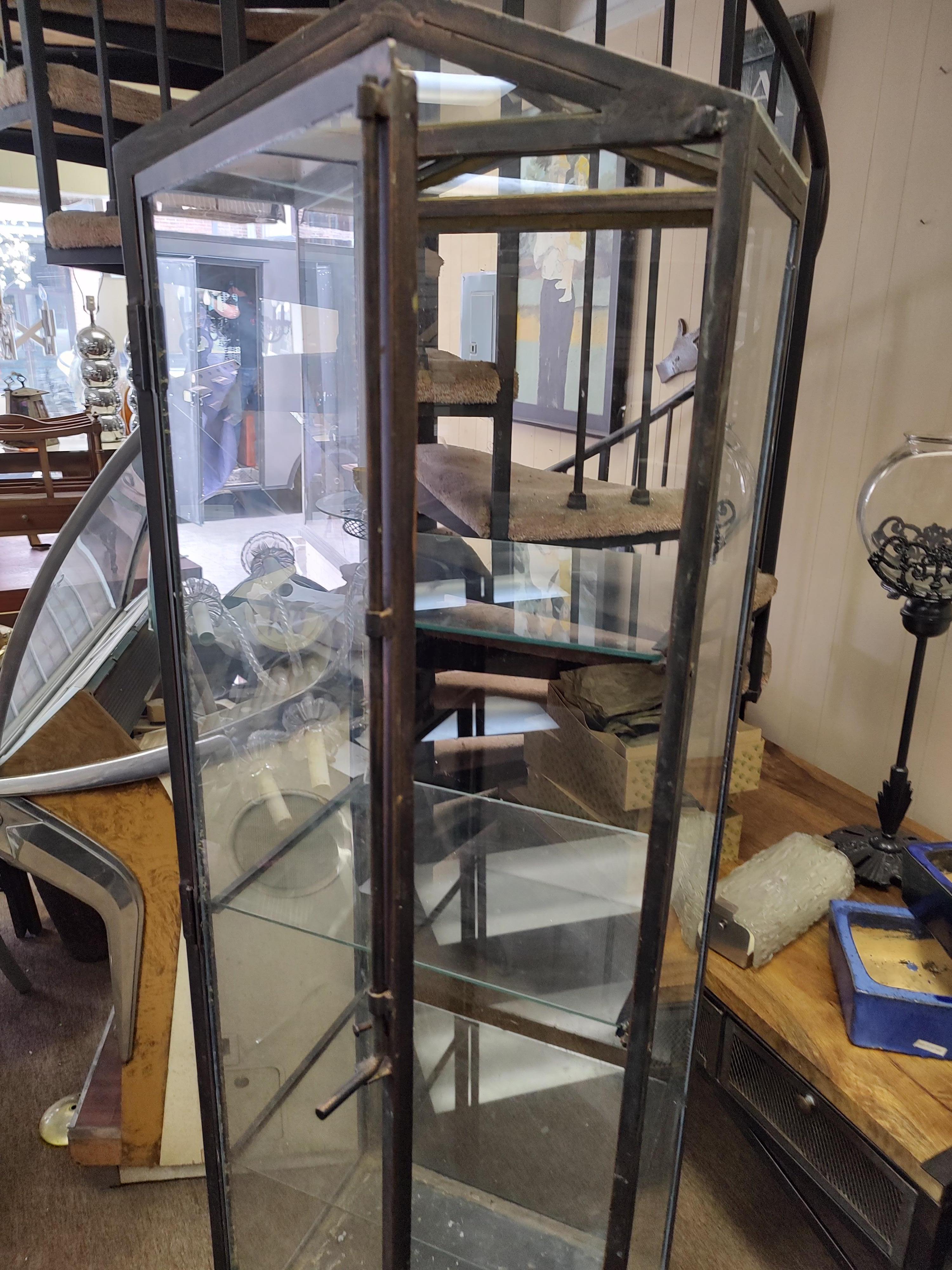 Tall Peaked Top Glass & Iron Vitrine Dry Bar Industrial Cabinet In Good Condition In Port Jervis, NY