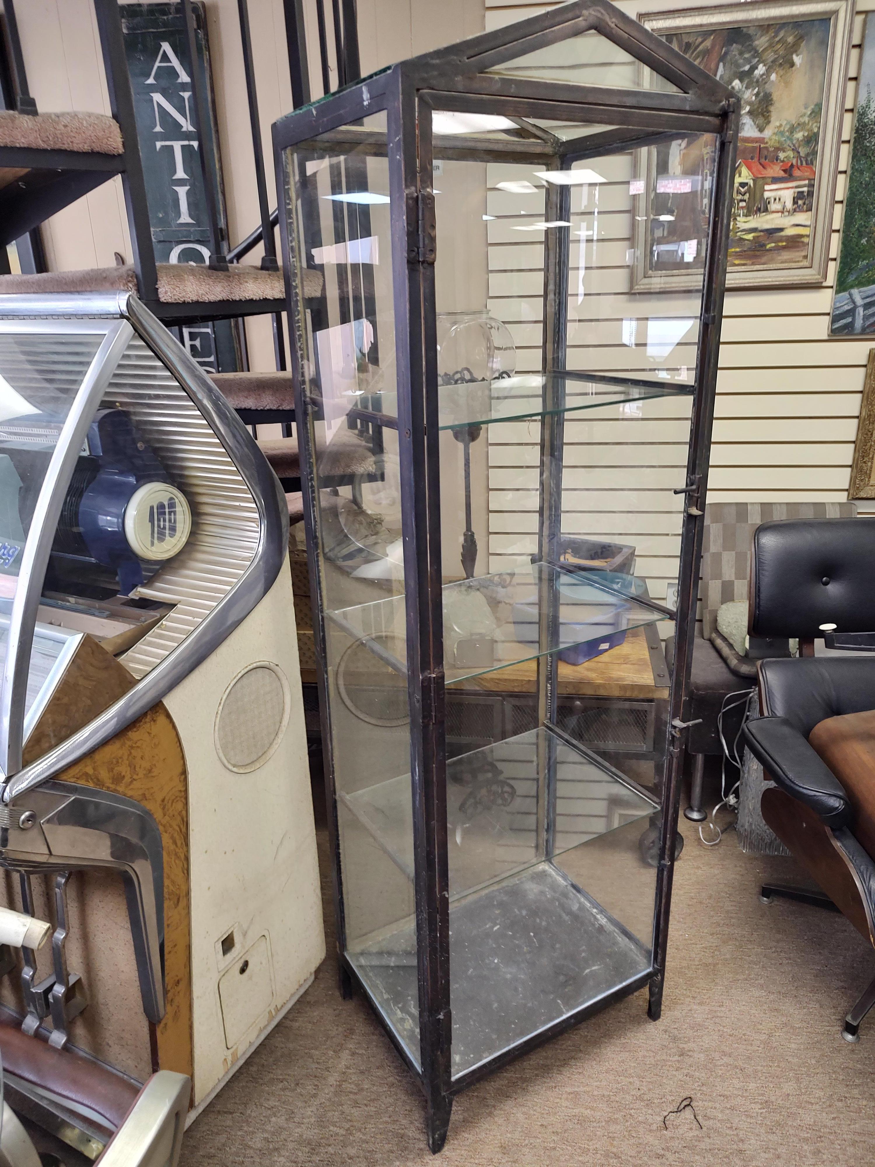 Tall Peaked Top Glass & Iron Vitrine Dry Bar Industrial Cabinet 2
