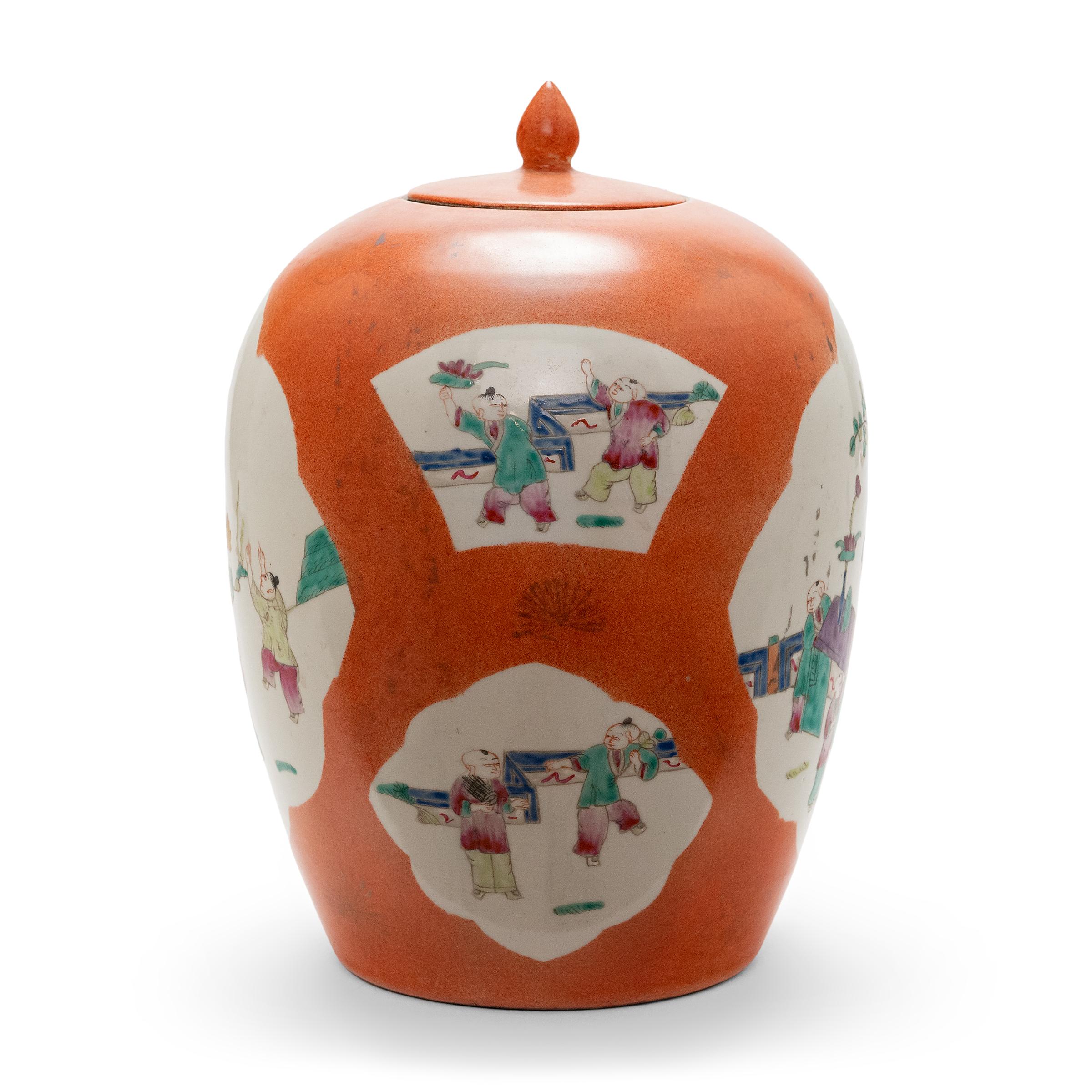 Glazed Tall Persimmon Orange Chinese Ginger Jar, c. 1900