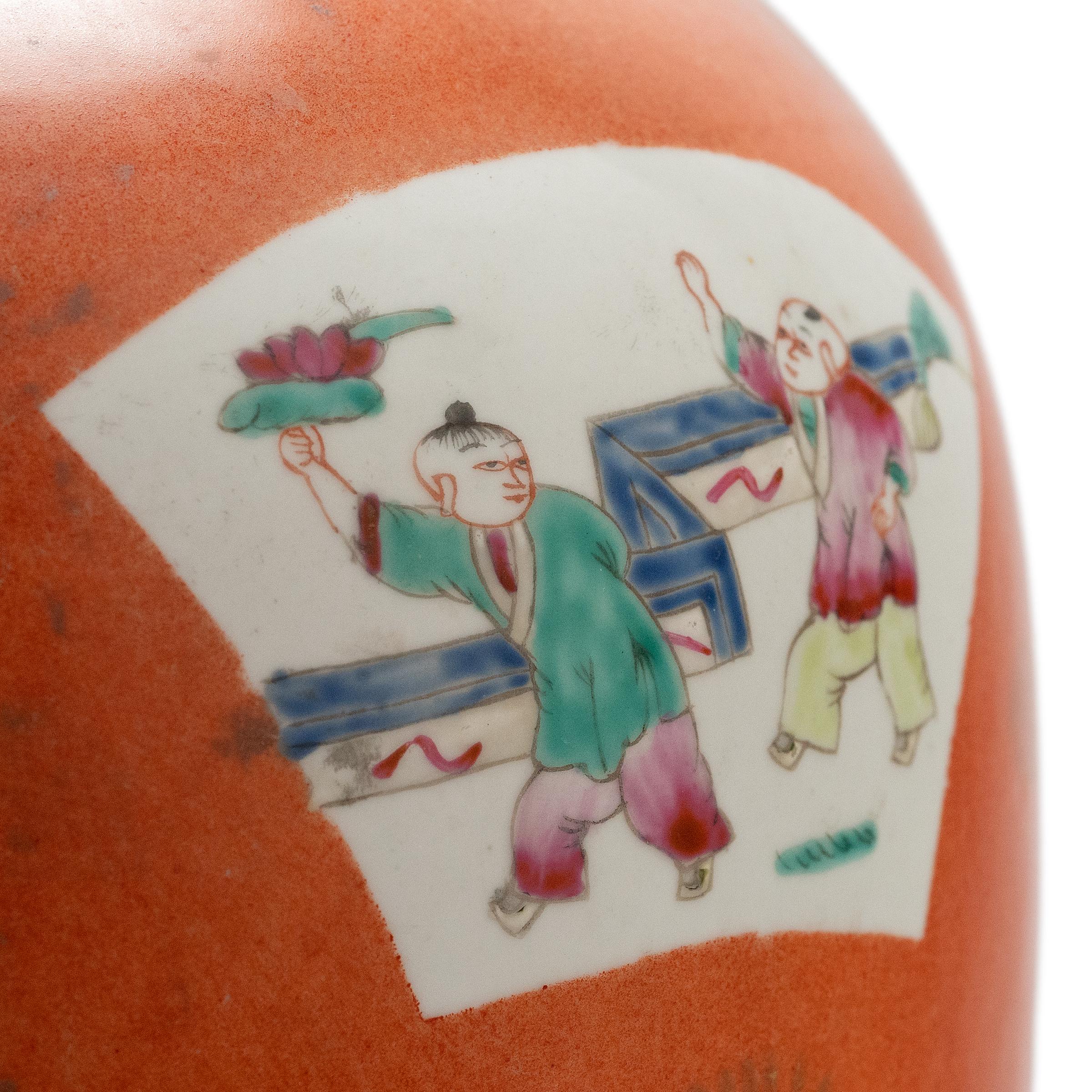 Porcelain Tall Persimmon Orange Chinese Ginger Jar, c. 1900