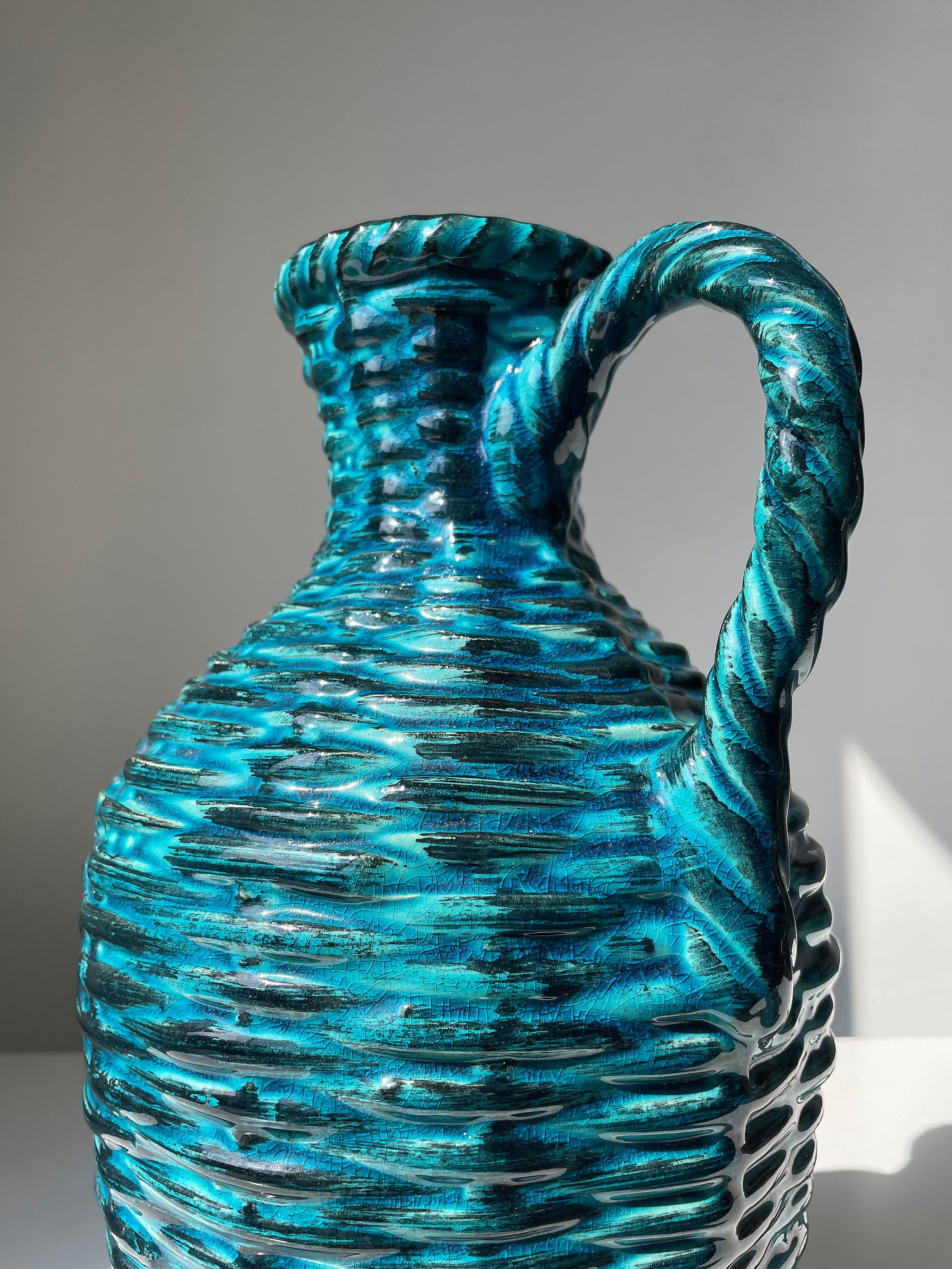 Tall 1970s Petrol, Black Braided Textured Bay Keramik Vase For Sale 2