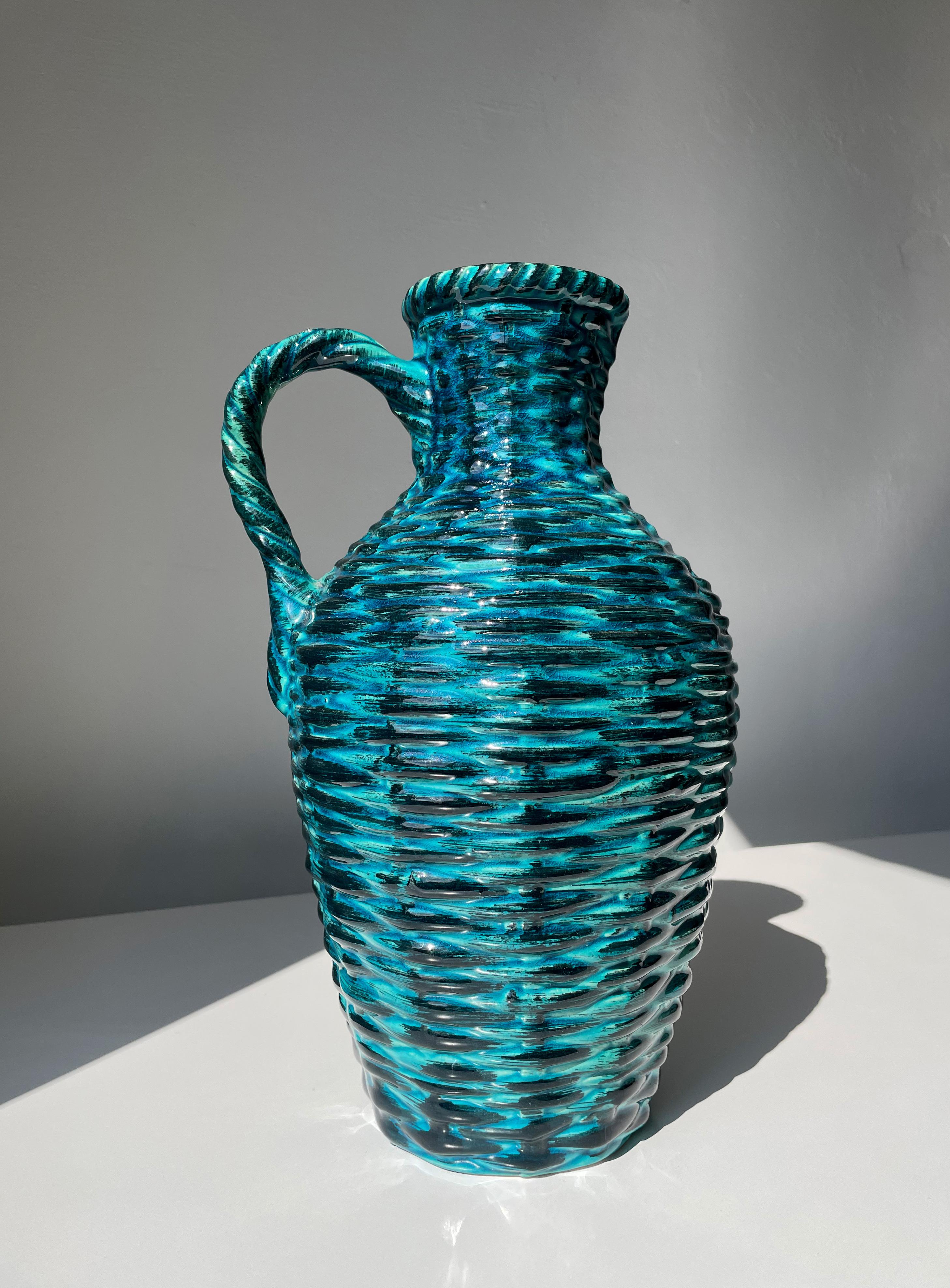 Glazed Tall 1970s Petrol, Black Braided Textured Bay Keramik Vase For Sale