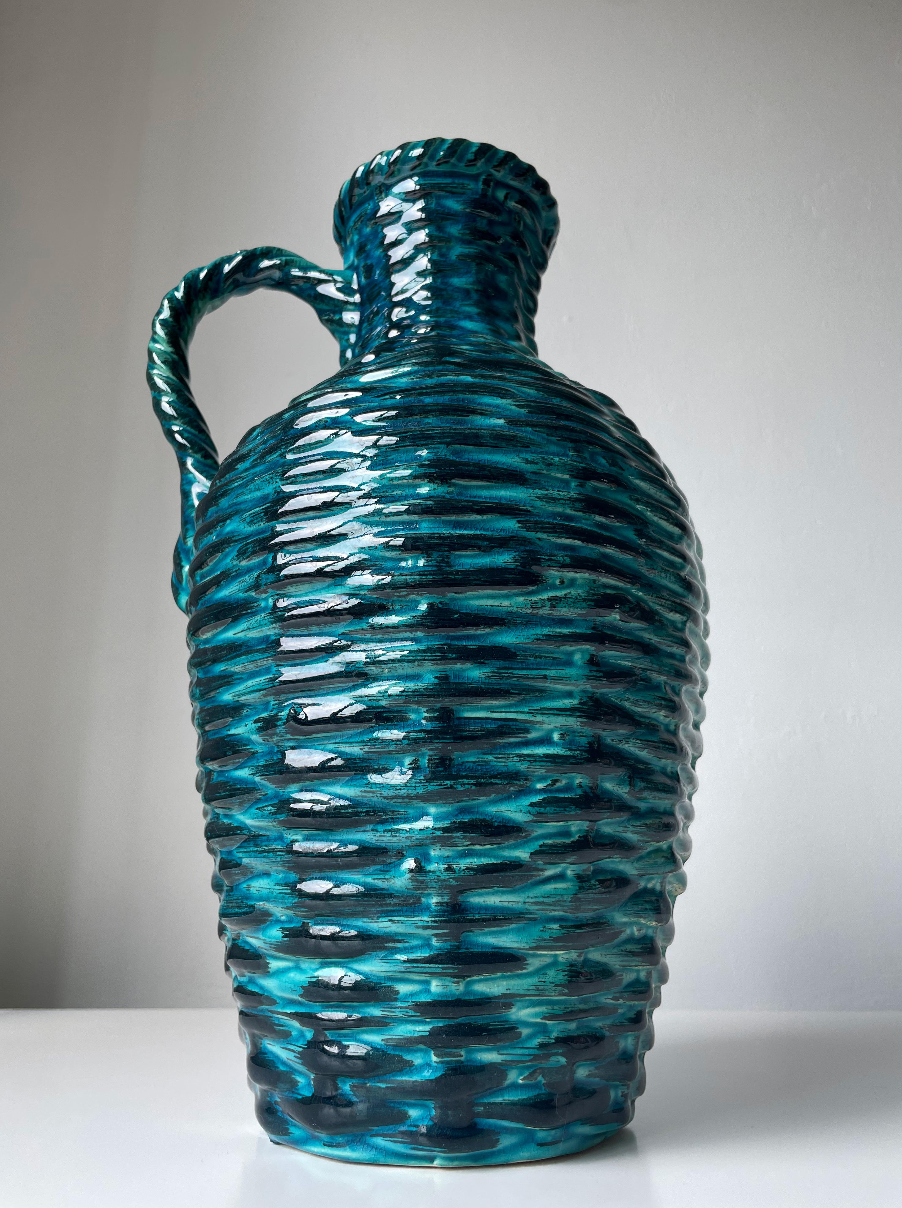 Tall 1970s Petrol, Black Braided Textured Bay Keramik Vase In Good Condition For Sale In Copenhagen, DK
