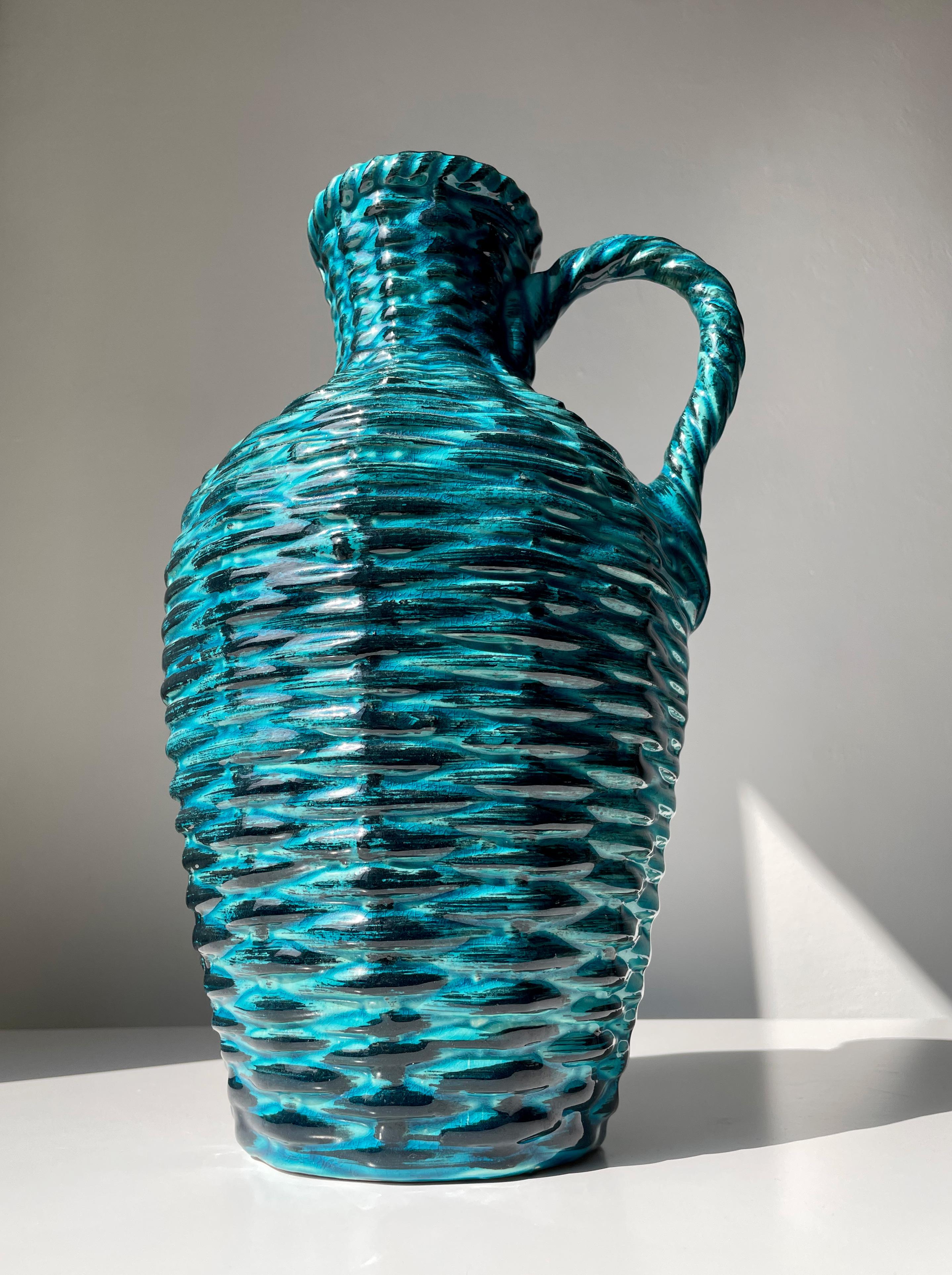 Ceramic Tall 1970s Petrol, Black Braided Textured Bay Keramik Vase For Sale