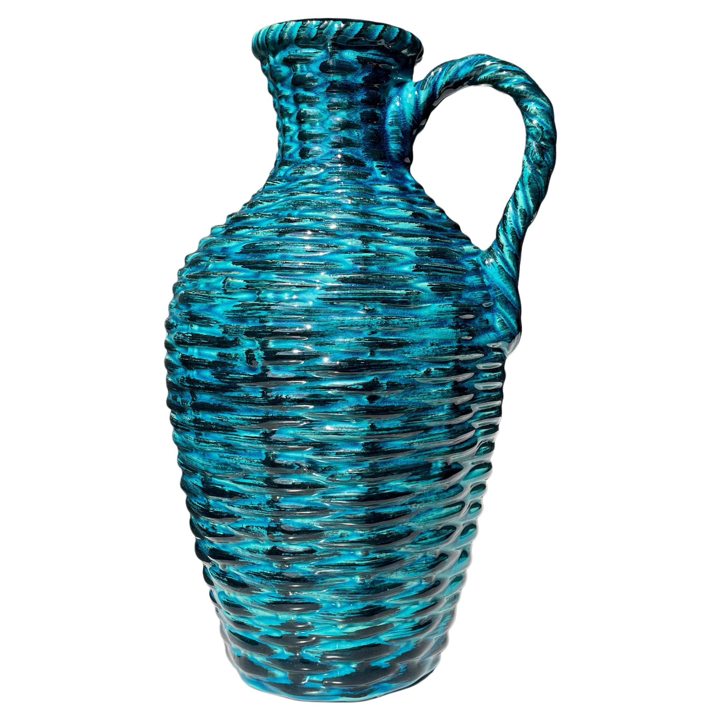 Tall 1970s Petrol, Black Braided Textured Bay Keramik Vase