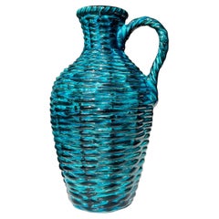 Große 1970er Petrol, schwarz geflochtene strukturierte Bay Keramik Vase