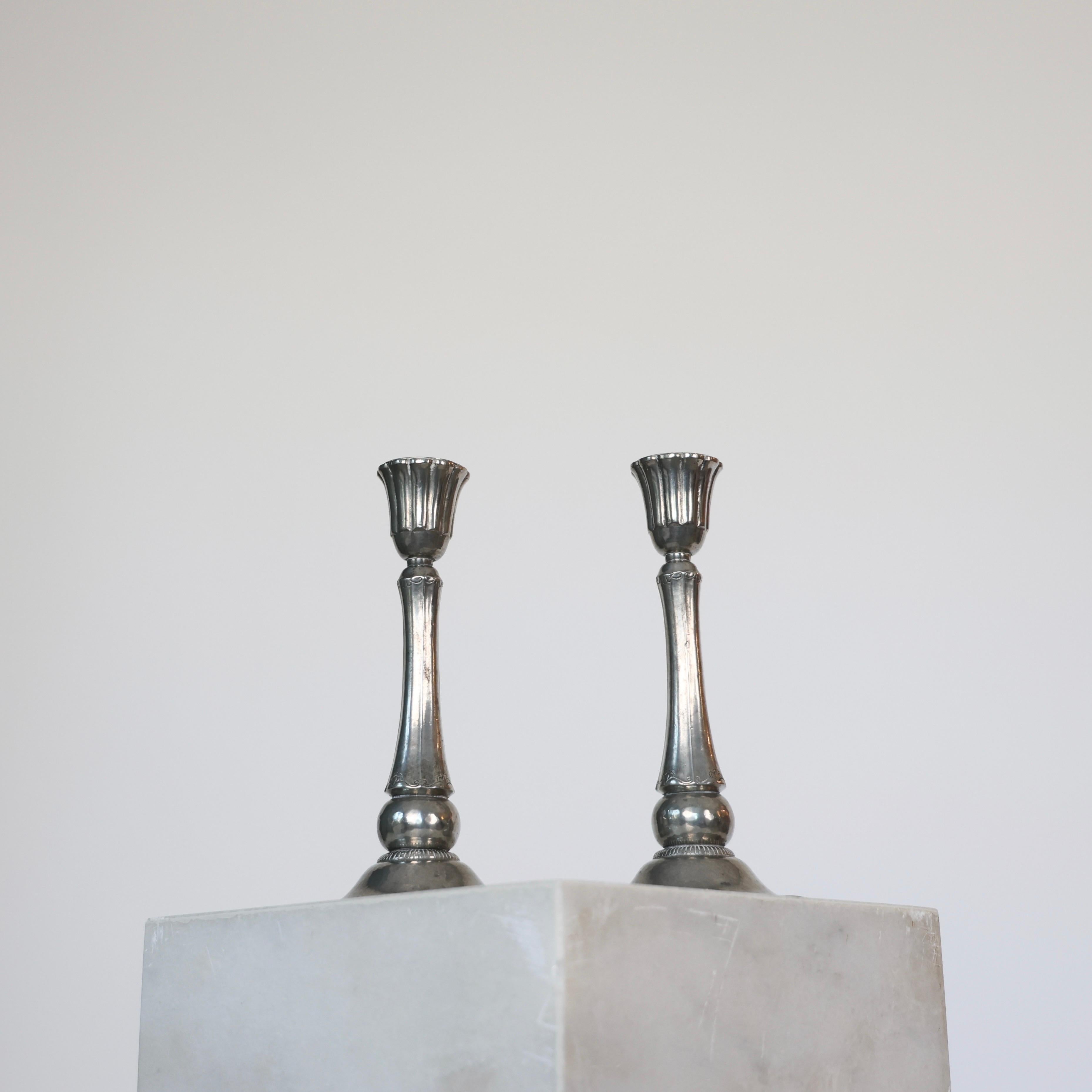 Danish Tall Pewter Candlestick Holders by Just Andersen, 1920s, Denmark For Sale