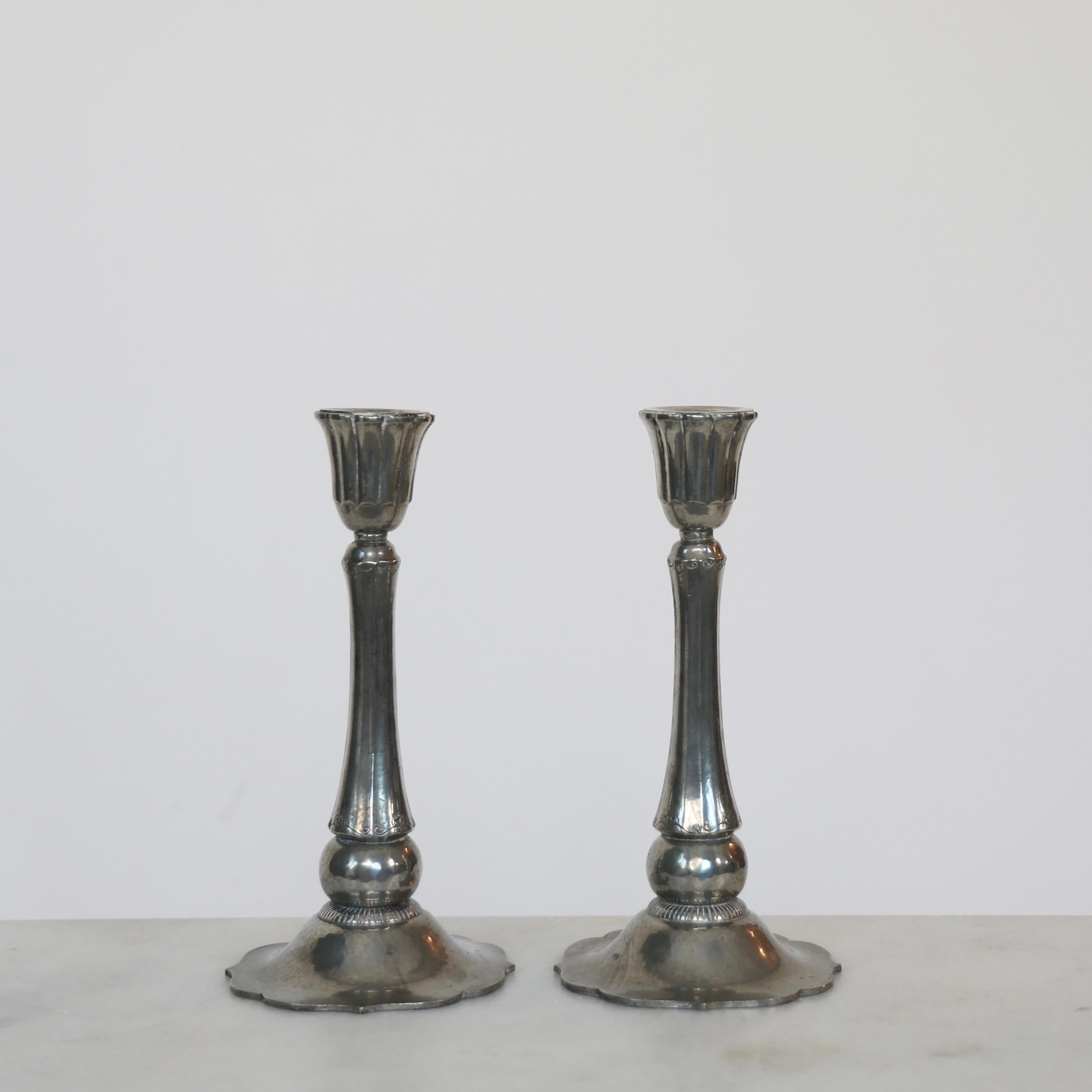 Tall Pewter Candlestick Holders by Just Andersen, 1920s, Denmark In Fair Condition For Sale In Værløse, DK