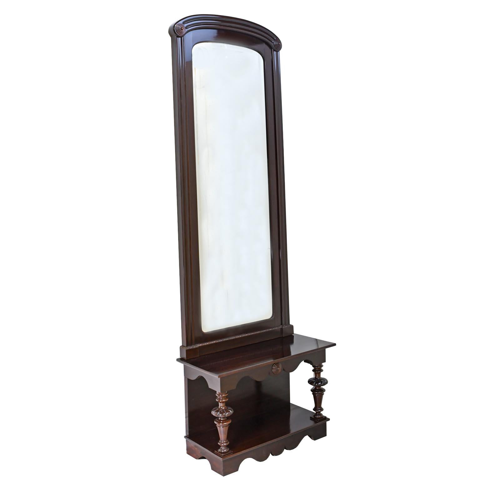 Beveled Tall Pier Mirror with Console in Dark Mahogany, Baltic Region, circa 1910 For Sale