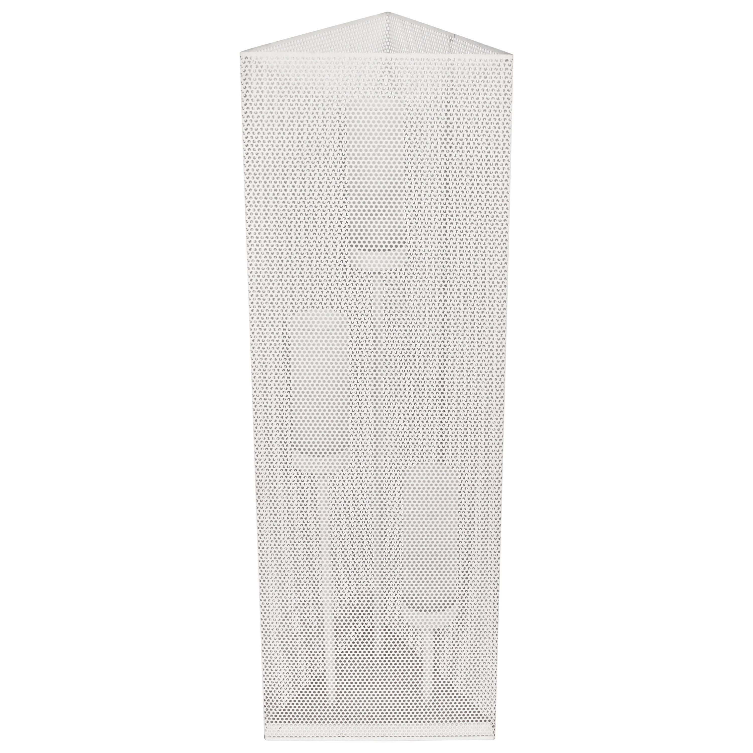 Tall Pierced White Enamel Triangular Lamp with White Glass Shades, 1960s For Sale