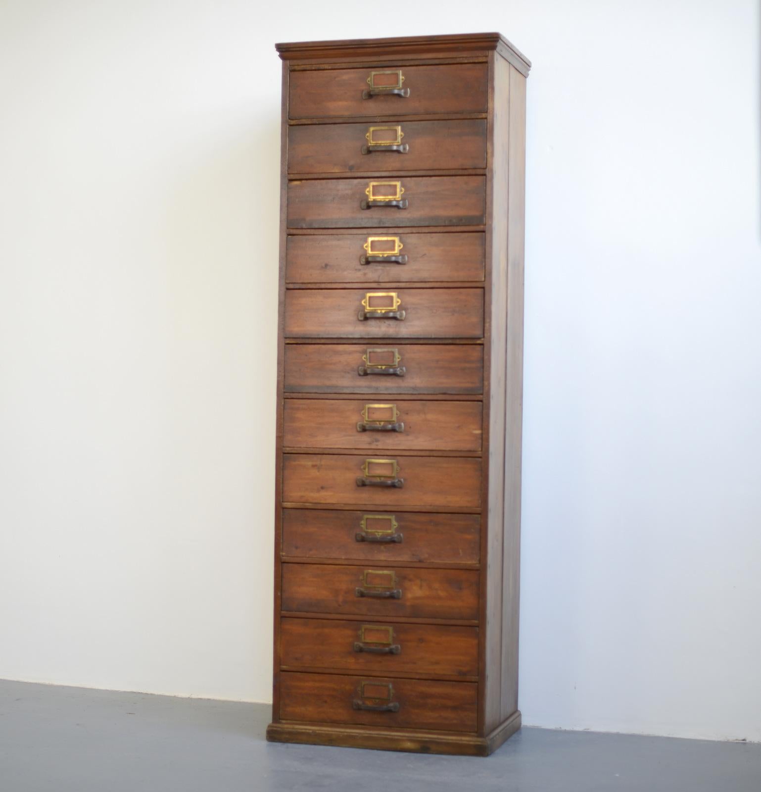 Tall pine workshop drawers, circa 1930s

- Pine drawers and frame
- Rolled tin handles 
- Brass card holders
- English ~ 1930s
- Measures: 180cm tall x 41cm deep x 59cm wide

Condition report

All drawers run smoothly and the cabinet has