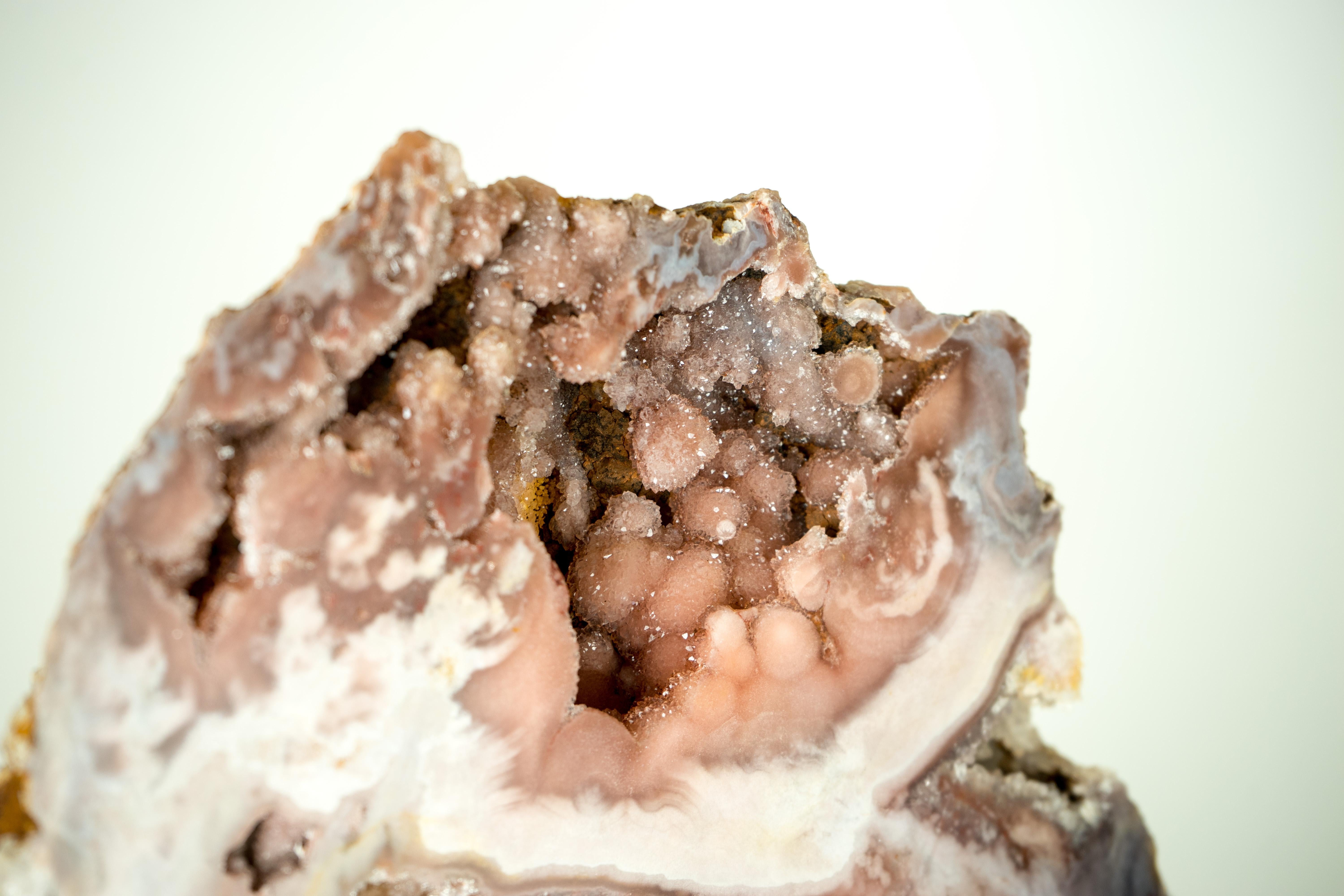 Agate Rare Pink Amethyst Geode with Pink, Red, and Purple Sugar-Druzy Stalacites For Sale