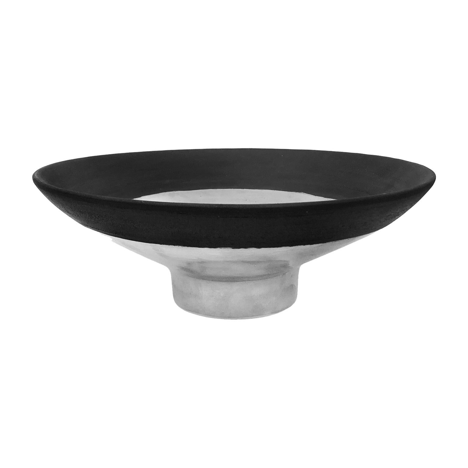 Tall Platinum Lustre Ceramic Bowl with Wide Black Glaze Rim by Sandi Fellman For Sale