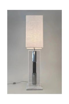 Tall Plexiglass/Chrome/Marble 70s Table Lamp w Custom Hand-combed Shade