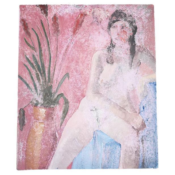 A gorgeous nude painting of a woman in pink. This piece features a woman in the buff, lounging upon a blue chair. She has dark hair which falls just below her shoulders. The background is pretty bright pink. A tall yellow vase with green leaves and