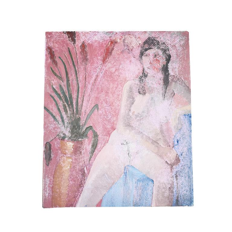 Bohemian Tall Portrait Nude and Botanical Motif Painting of a Woman in Pink, Clair Seglem For Sale