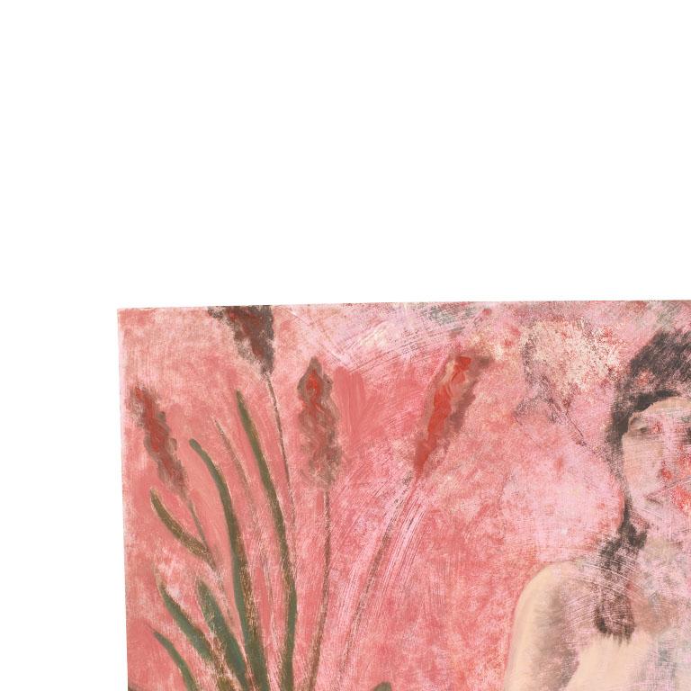 American Tall Portrait Nude and Botanical Motif Painting of a Woman in Pink, Clair Seglem For Sale