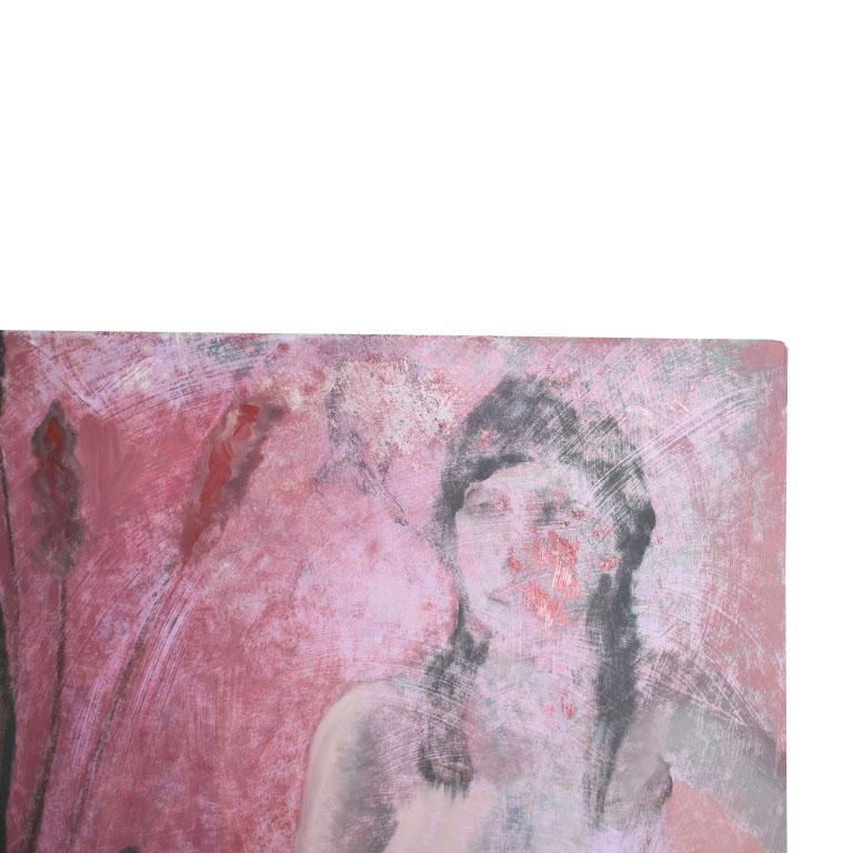 Tall Portrait Nude and Botanical Motif Painting of a Woman in Pink, Clair Seglem In Excellent Condition For Sale In Oklahoma City, OK