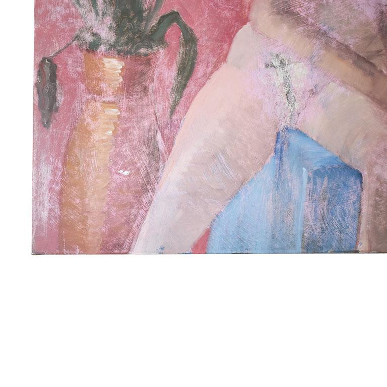 Masonite Tall Portrait Nude and Botanical Motif Painting of a Woman in Pink, Clair Seglem For Sale