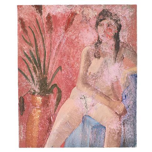 Quadro alto con ritratto di nudo e motivo botanico di una donna in rosa, Clair Seglem