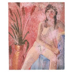 Tall Portrait Nude and Botanical Motif Painting of a Woman in Pink, Clair Seglem