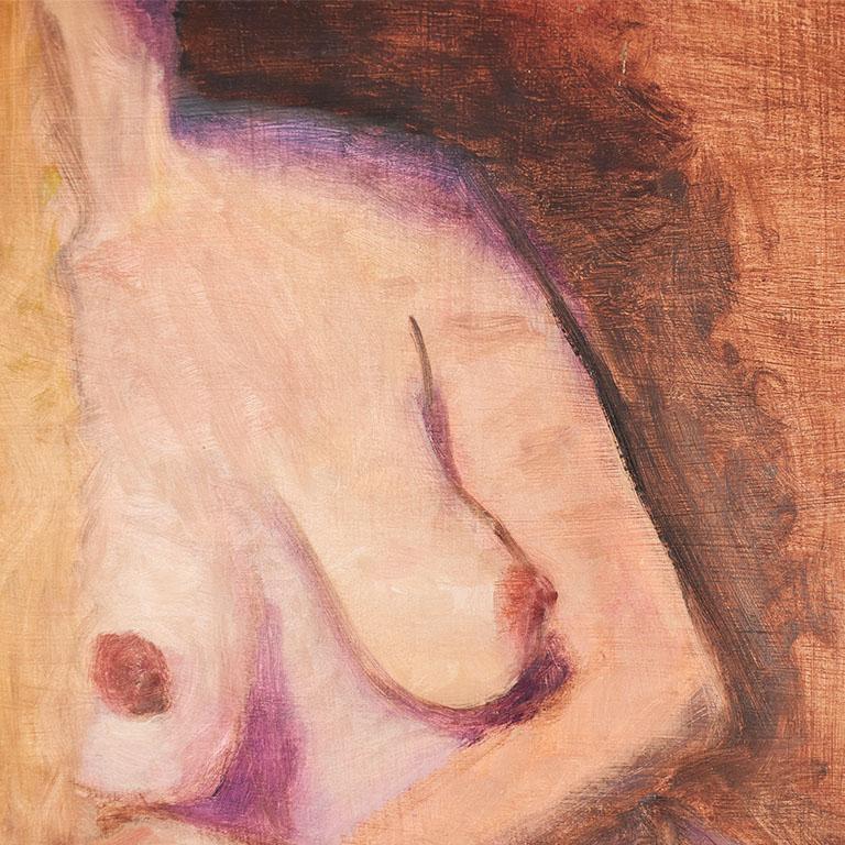 20th Century Tall Portrait Painting of a Nude Blonde Woman in Orange and Brown 12” x 18” For Sale
