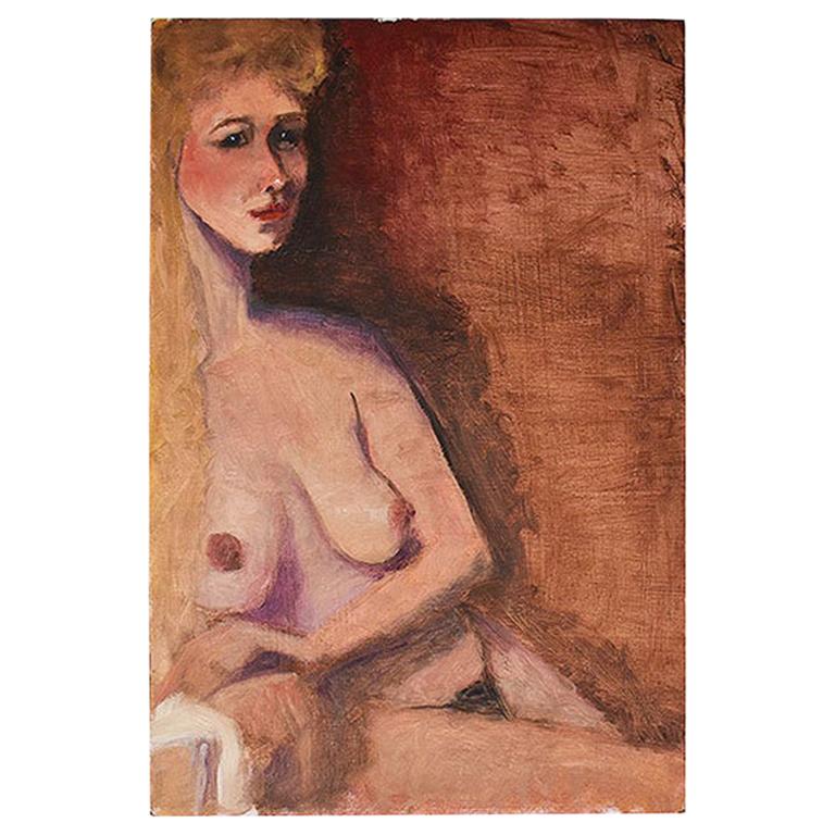 Tall Portrait Painting of a Nude Blonde Woman in Orange and Brown 12” x 18” For Sale