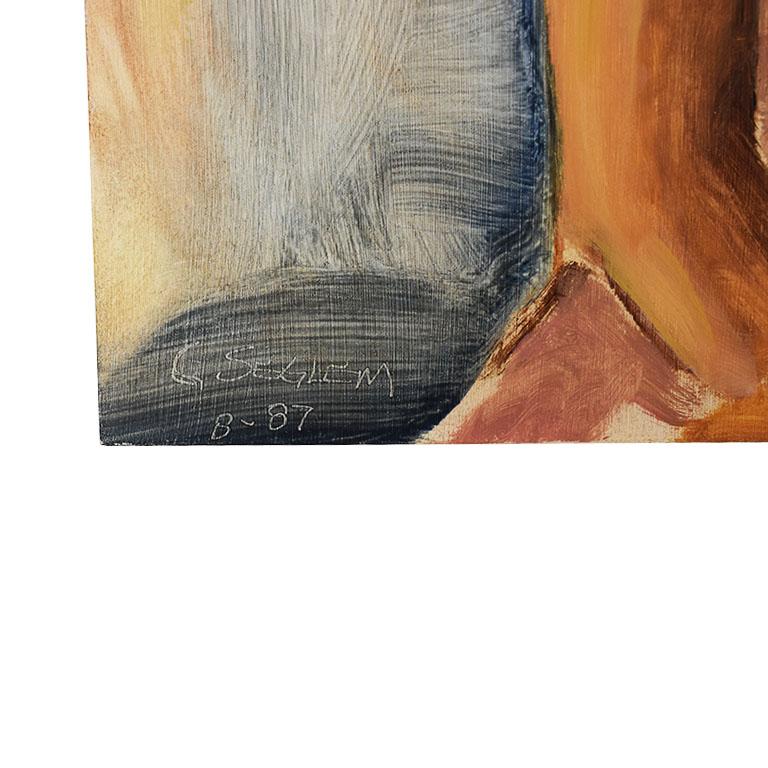 Ein großes Porträtgemälde einer Frau mit Hut bei Sonnenuntergang. Dieses Stück besteht aus einer Vielzahl von Sonnenuntergangsfarben wie Orangen, Creme, Braun und Rot. In der Mitte sitzt eine Frau mit kurzem, schmutzigblondem Haar und einem