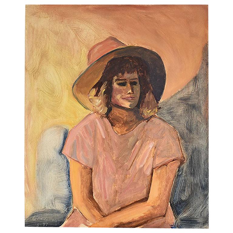 Tall Portrait Painting of a Woman in a Hat at Sunset, Clair Seglem For Sale