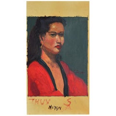 Tall Portrait Painting of an Asian Woman in Red by Clair Seglem, Signed