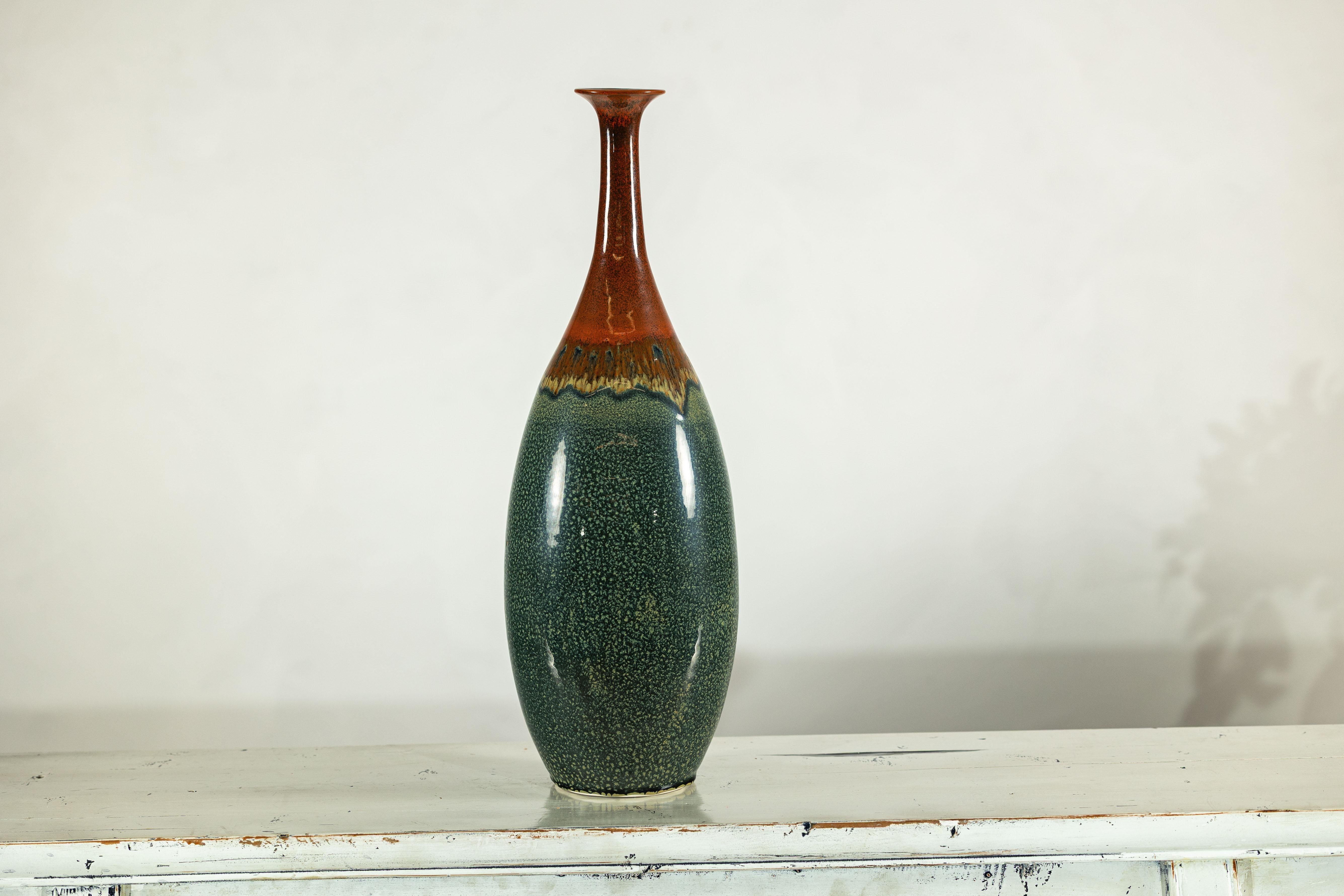 Tall Pottery Vase with Fluted Neck and Drip Glaze in Brown and Green im Angebot 6