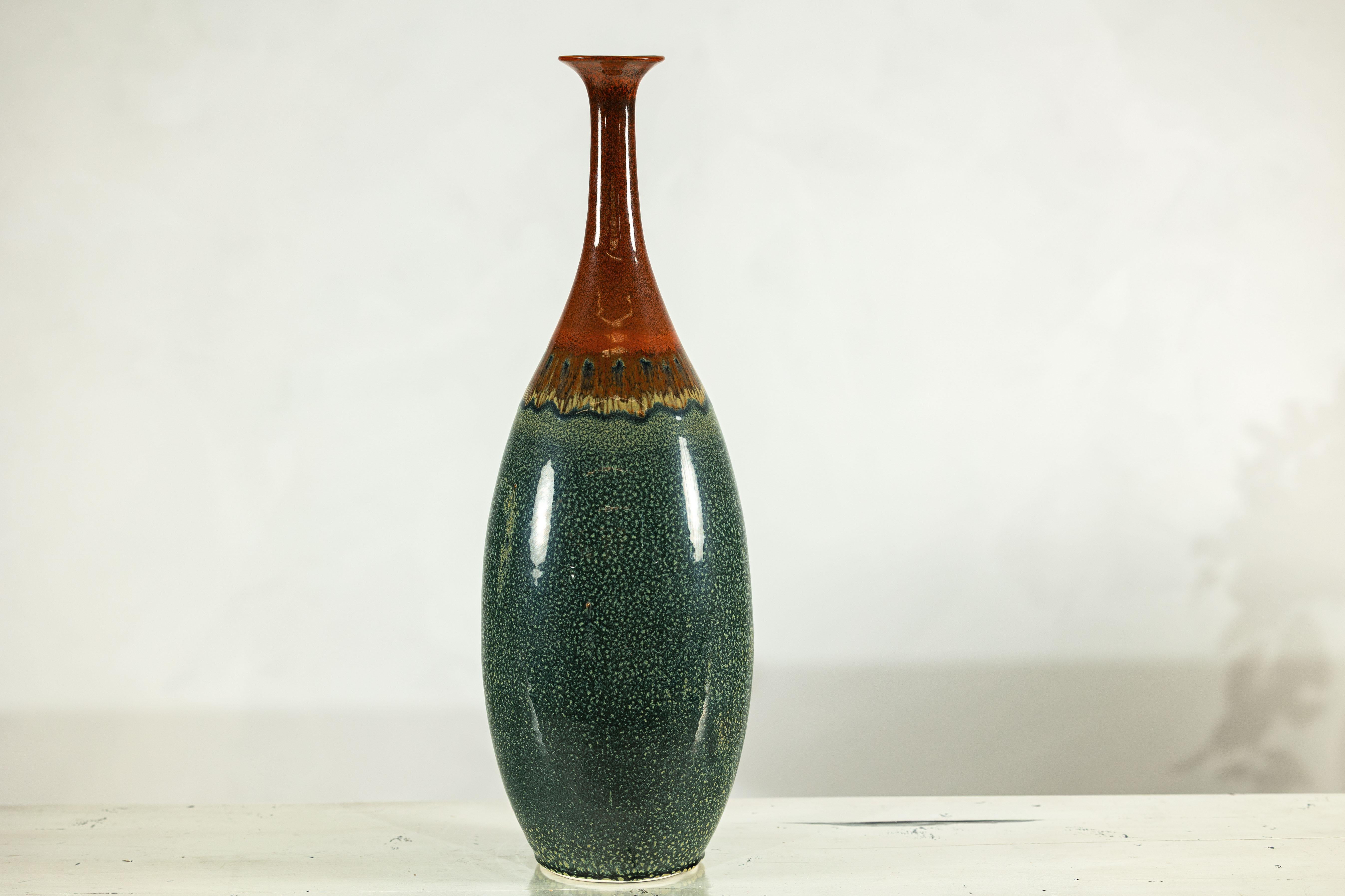 Tall Pottery Vase with Fluted Neck and Drip Glaze in Brown and Green im Angebot 7