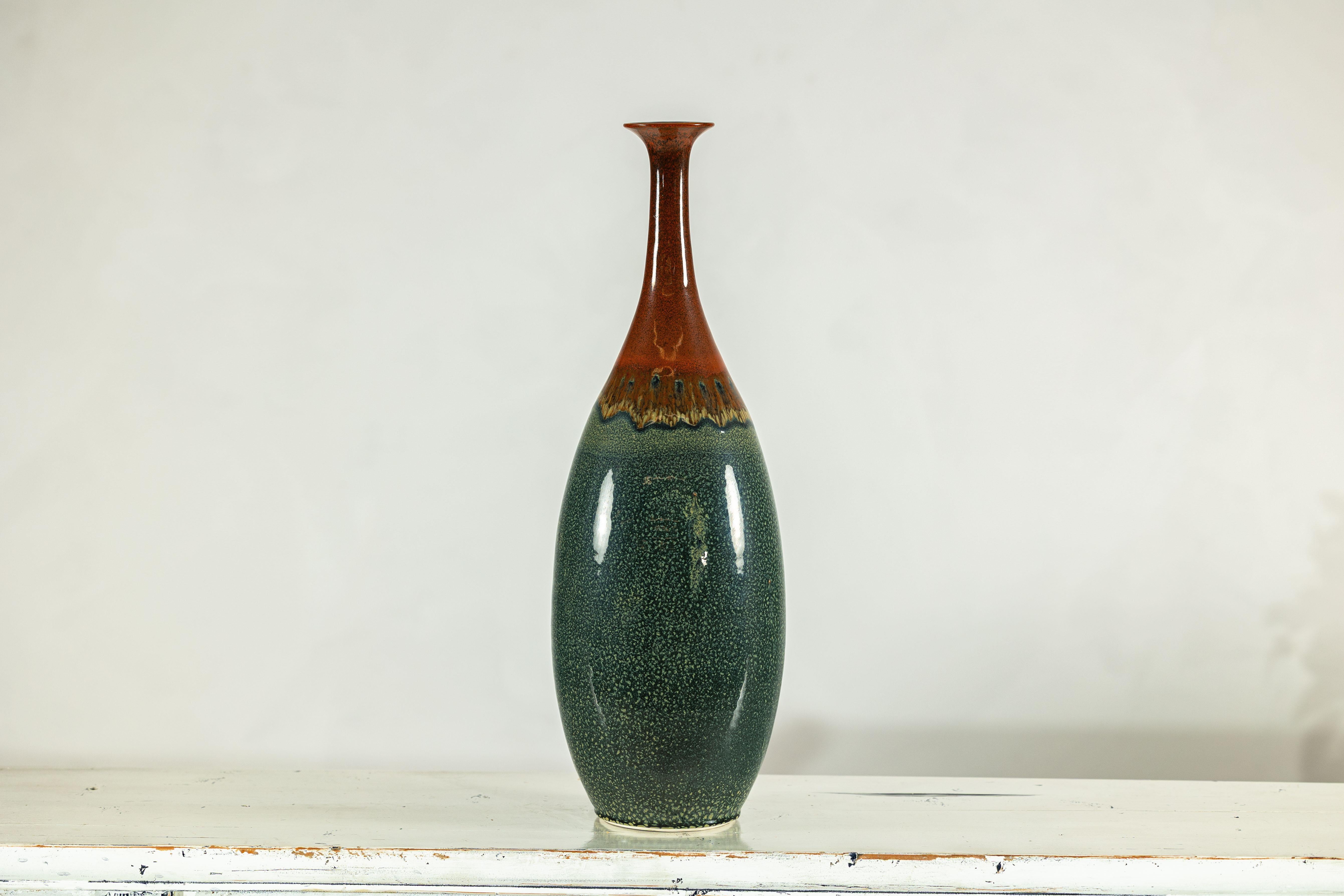 Tall Pottery Vase with Fluted Neck and Drip Glaze in Brown and Green im Angebot 9