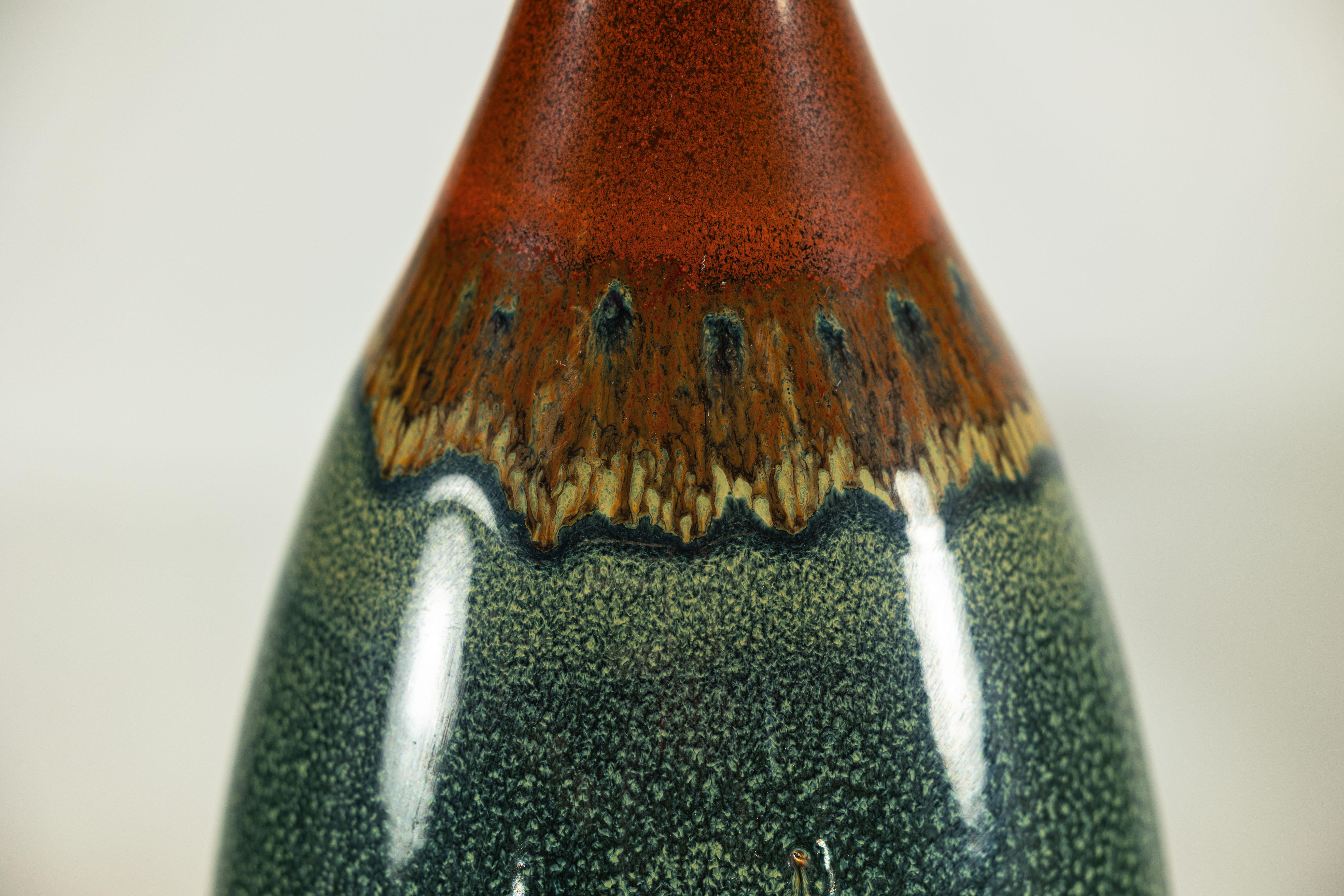 Tall Pottery Vase with Fluted Neck and Drip Glaze in Brown and Green im Angebot 11